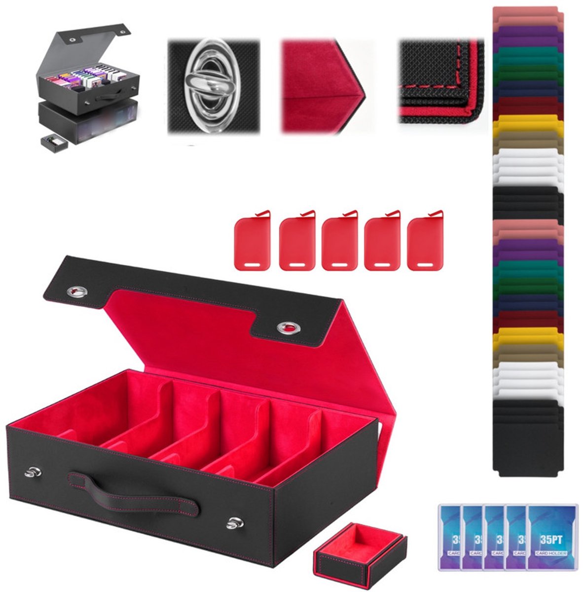 Kaartenopbergdoos met 5 rijen + 48 verdelers + 5 sluitingen + 5 kaarthoezen – Met handvat – Geschikt voor meer dan 3.900 ruilkaarten – Commander-deckbox – Geschikt voor toploaders – Opbergdoos voor kaartencollecties – Kaartenetui van PU-leer