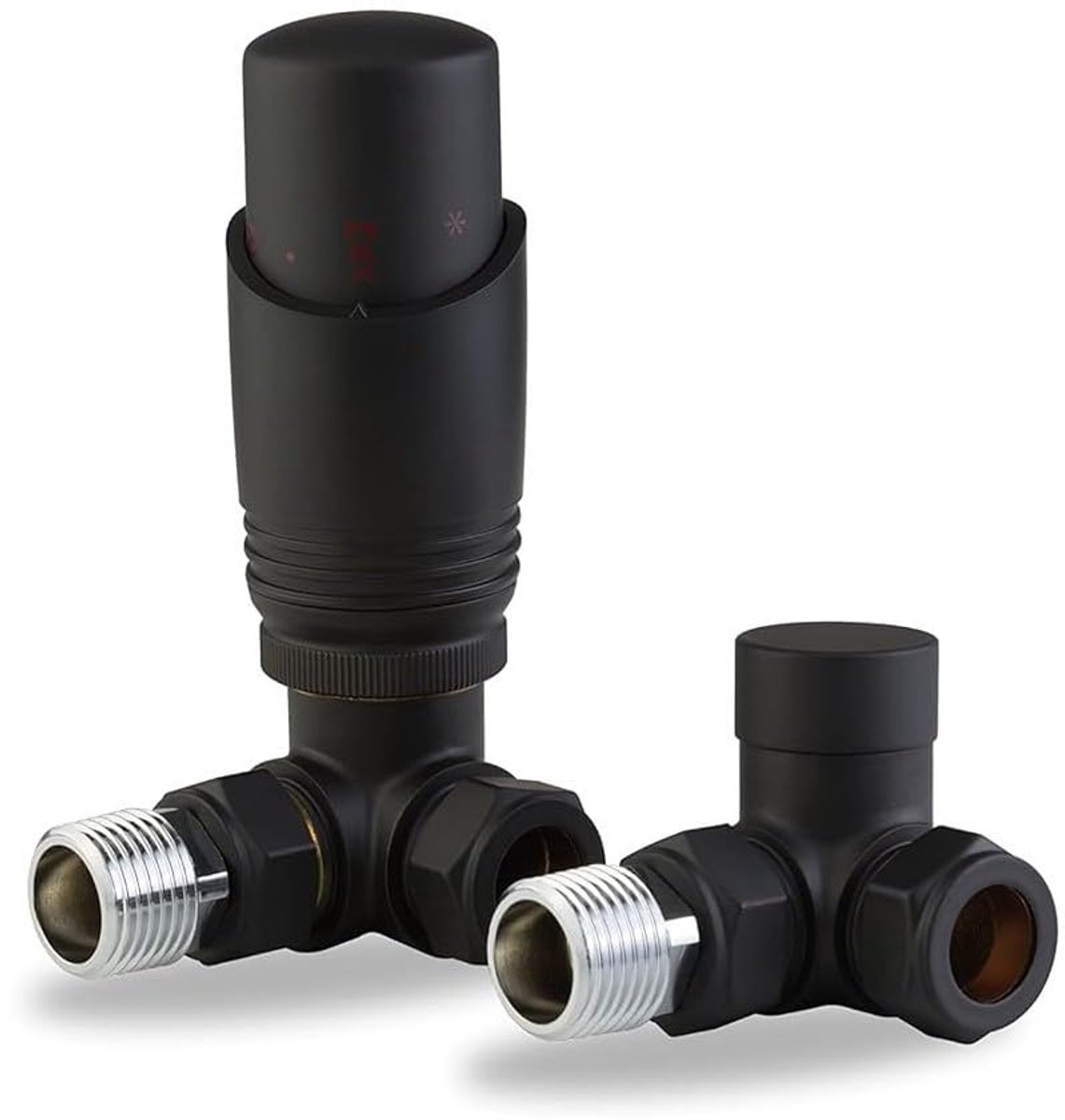 SnelShoppen - Team Controls Mat Zwart Hoek Thermostatisch Radiator Ventiel & Slotschild 15mm x 1/2" Pakket voor Efficiënte Verwarming