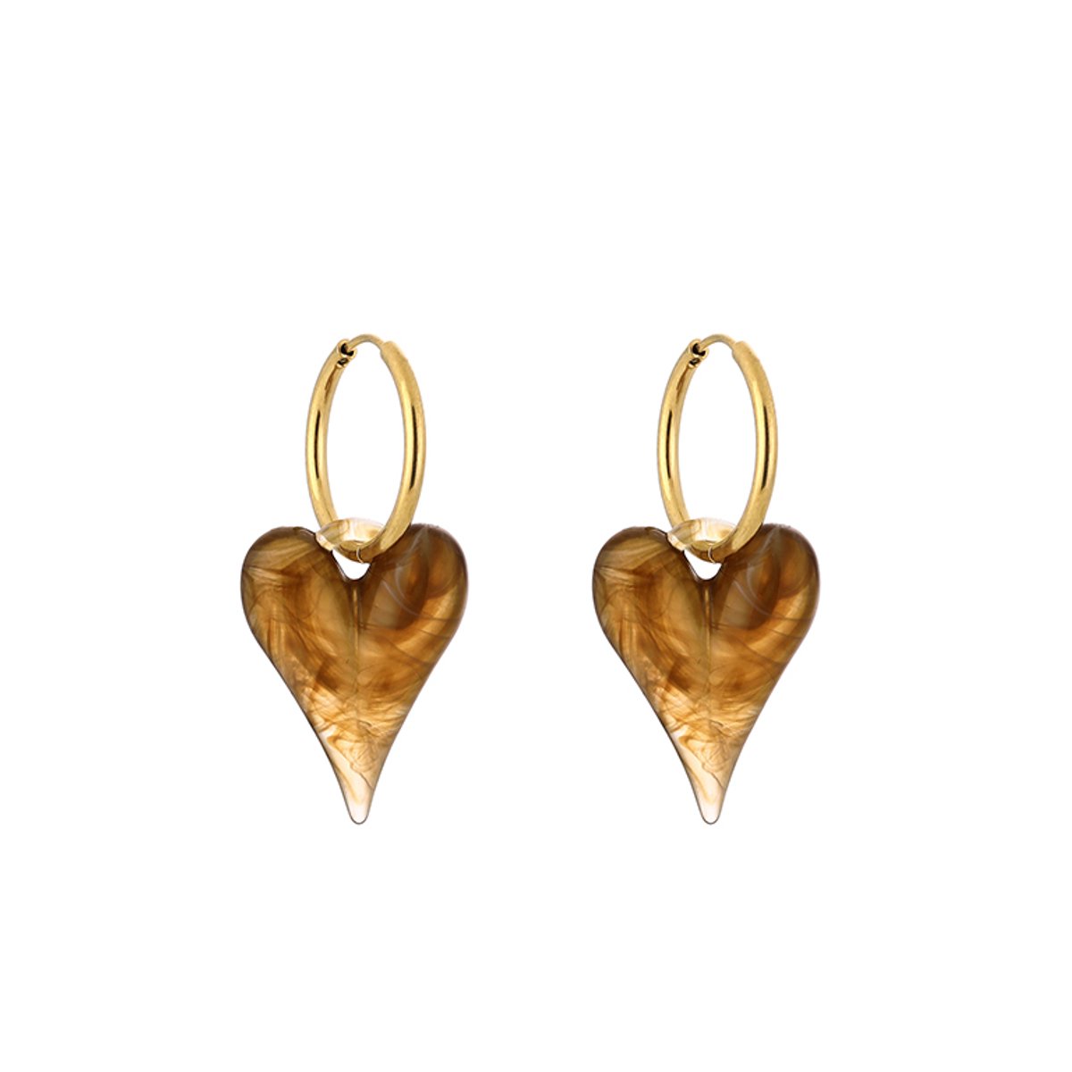 Stainless Steel Marbled Resinous Heart Charm Hoops – Luxe Gemarmerd Resin Hart Oorringen – RVS - Koffie Bruin