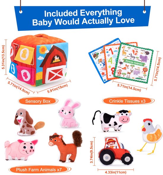 Baby speelgoed 6-12 maanden - Sensorisch speelgoed met pluche boerderijdieren - Montessori speelgoed met rammelaar, knisperend geluid, pieper en spiegeltje - Educatief speelgoed - Kinderspeelgoed voor jongens en meisjes van 1-3 jaar van Flintry — afbeelding 2