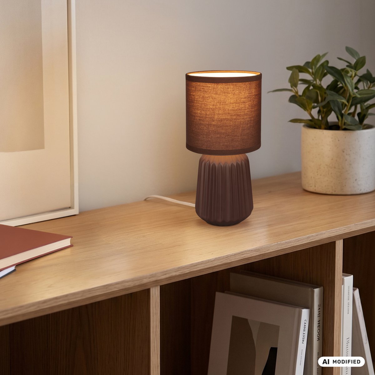 BRILONER Dora - Tafellamp slaapkamer - met stoffen kap & keramiek voet - bedlamp - tafellampje - Ø13cm x 27cm - bruin