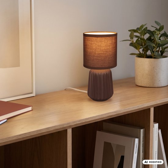 BRILONER Dora - Tafellamp slaapkamer - met stoffen kap & keramiek voet - bedlamp - tafellampje - Ø13cm x 27cm - bruin