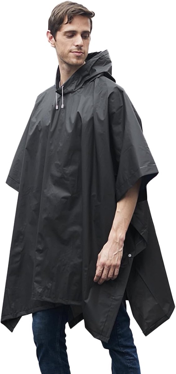 Set van 2 regenponcho - Waterdicht poncho - Outdoor regenjas in cape stijl - Herbruikbaar en unisex - Voor overleven in de wildernis fietsen wandelen kamperen en vissen - One size - Zwart