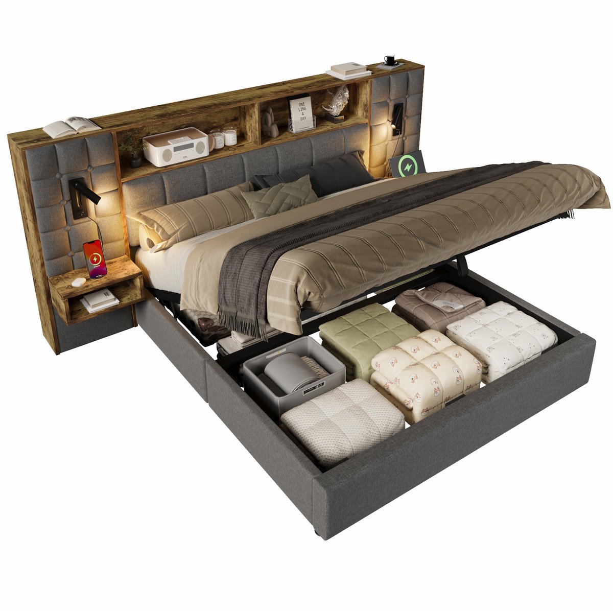 DESMIU Bed 180x200 Cm - Opbergbed Met Led Verlichting En 2 Leeslampen - Met 2 Nachtkastjes En Usb C - Grijs Stof - Zonder Matras Gray