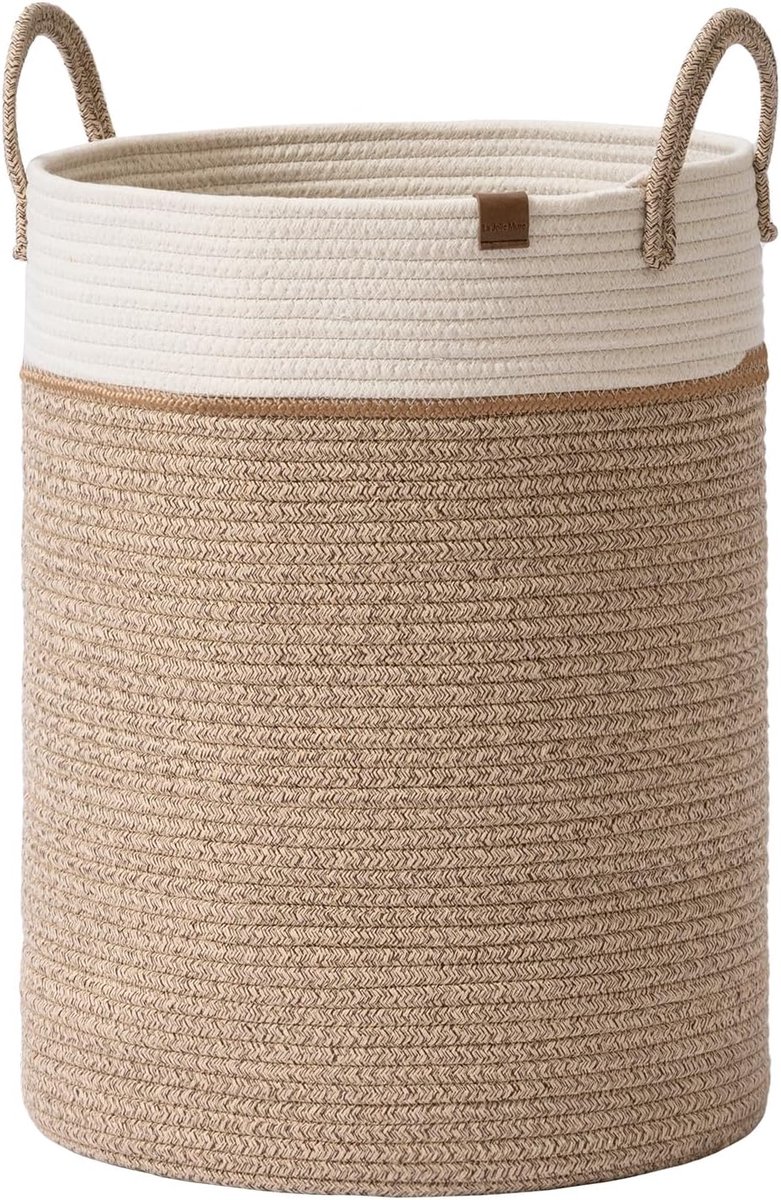 SnelShoppen - Grote opbergmand Katoenen touw wasmand met handvat voor luierdeken speelgoed handdoek geweven wasmand woondecoratie wit & woestijn-XL