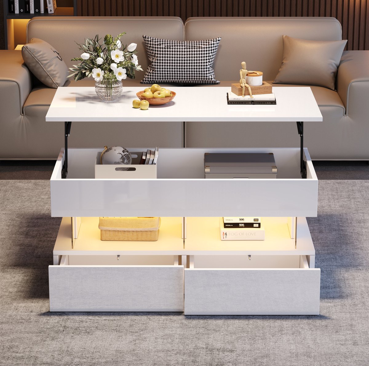 DESMIU Salontafel - Hoogglans Met Hefbaar Tafelblad En LED - Met Verborgen Opbergruimte En 2 Lades Voor Woonkamer - MDF - 100x50x46 Cm - Wit