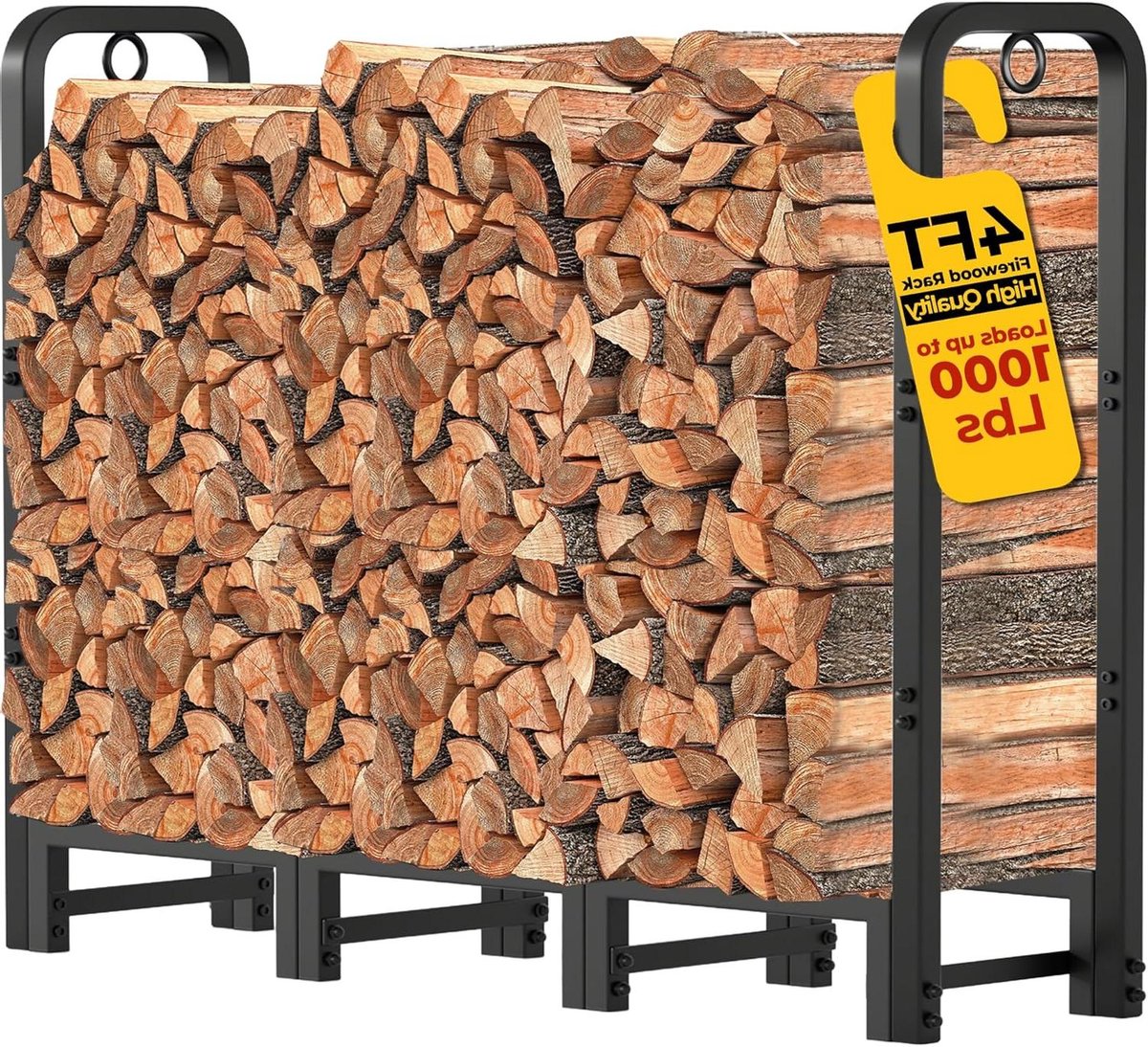 Houtopslag Rek - Brandhouthouder Buiten - Haardhout Opslaan - Zwaar Stalen Frame - 122 x 122 x 36cm - Zwart