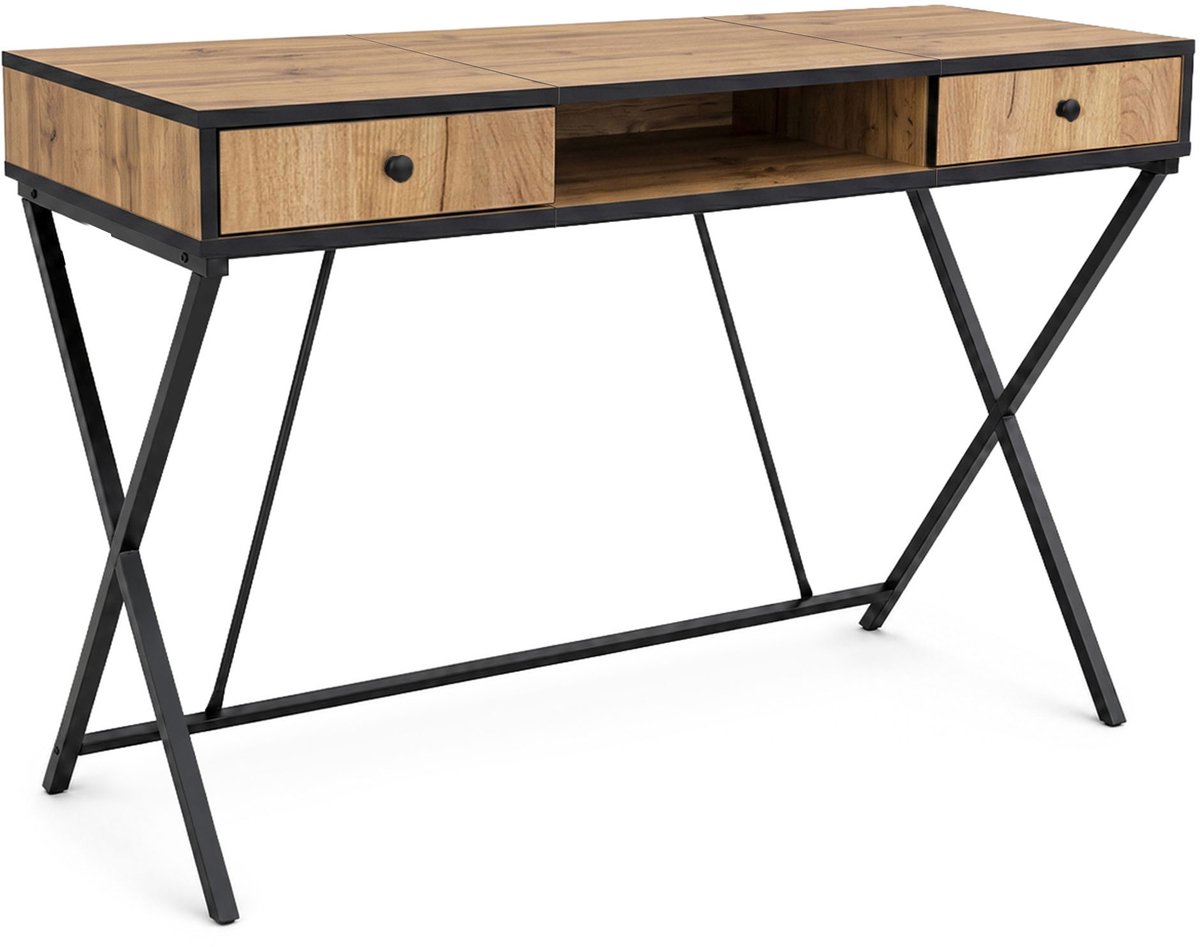 Computertafel Bureau CROSSLINE / Industrieel / Eiken Craft / 120 cm / 2 Lades / 1 Plank / Zwarte Poten