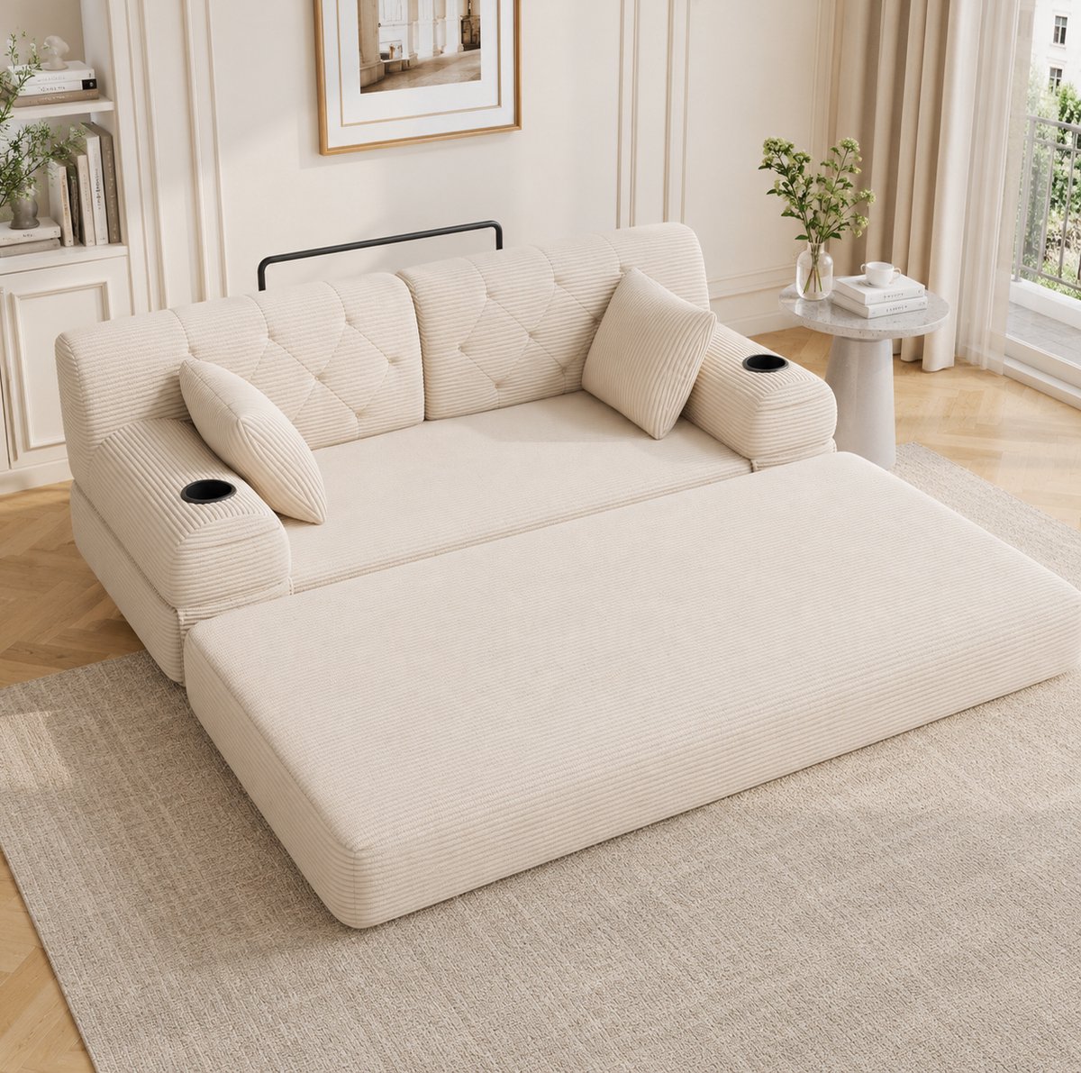 OKWISH Slaapbank - 2-Zits Sofabed - Hoge Rugleuning, 2 Bekerhouders En 4 Zijvakken - Voor Woonkamer En Kleine Ruimtes - Cord - Beige