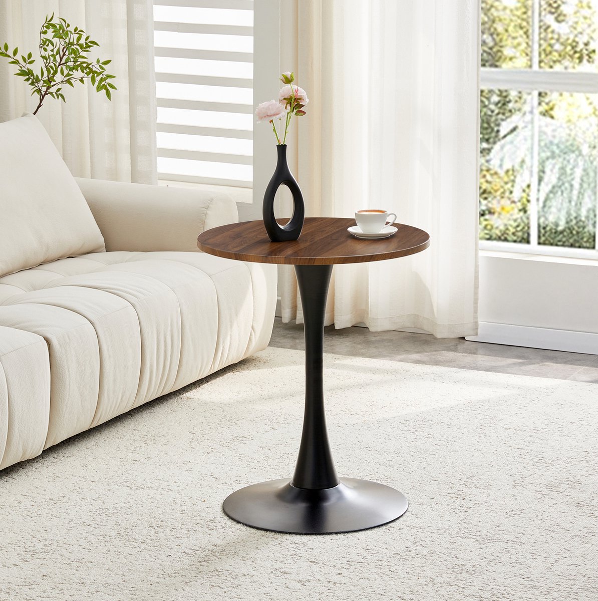 DESMIU Bijzettafel - Ronde Tafel Met Walnootlook En Thermovorm Oppervlak - Voor Woonkamer En Kleine Eethoek - MDF Metaal - 60x72 Cm - Zwart