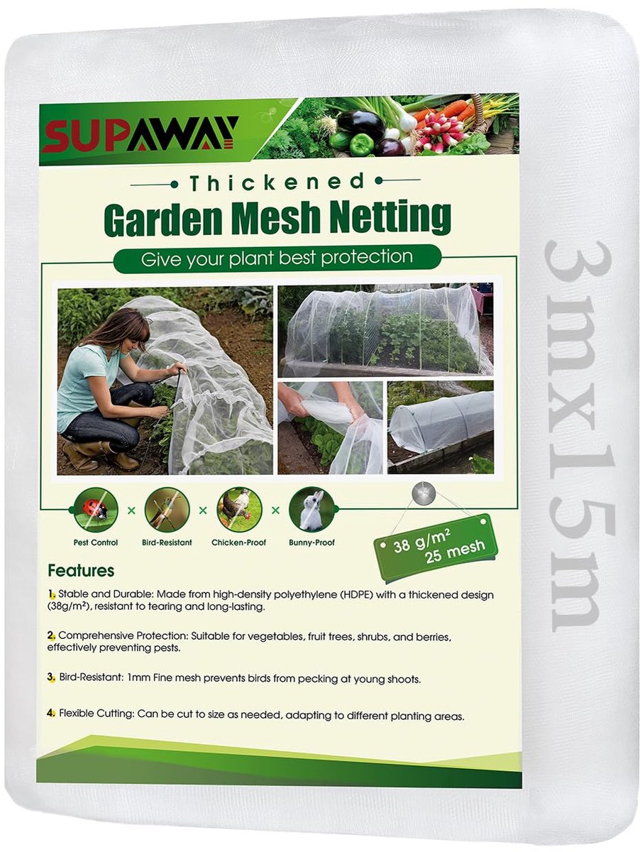 SnelShoppen - Groentenbed Beschermnet 3 x 15 m Fijnmazig Plantbeschermnet Insectenbescherming Net 1 mm Maas voor Vruchten, Bloemen en Vogels voor Effe