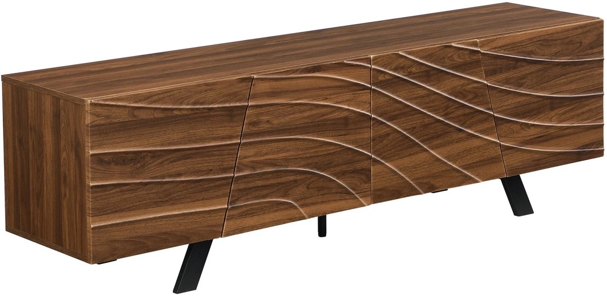 Emvae TV meubel - TV kast - Met 4 deuren - Artistiek front - 160 x 39 x 50,5 cm - Hout en Metaal - Walnootlook Zwart