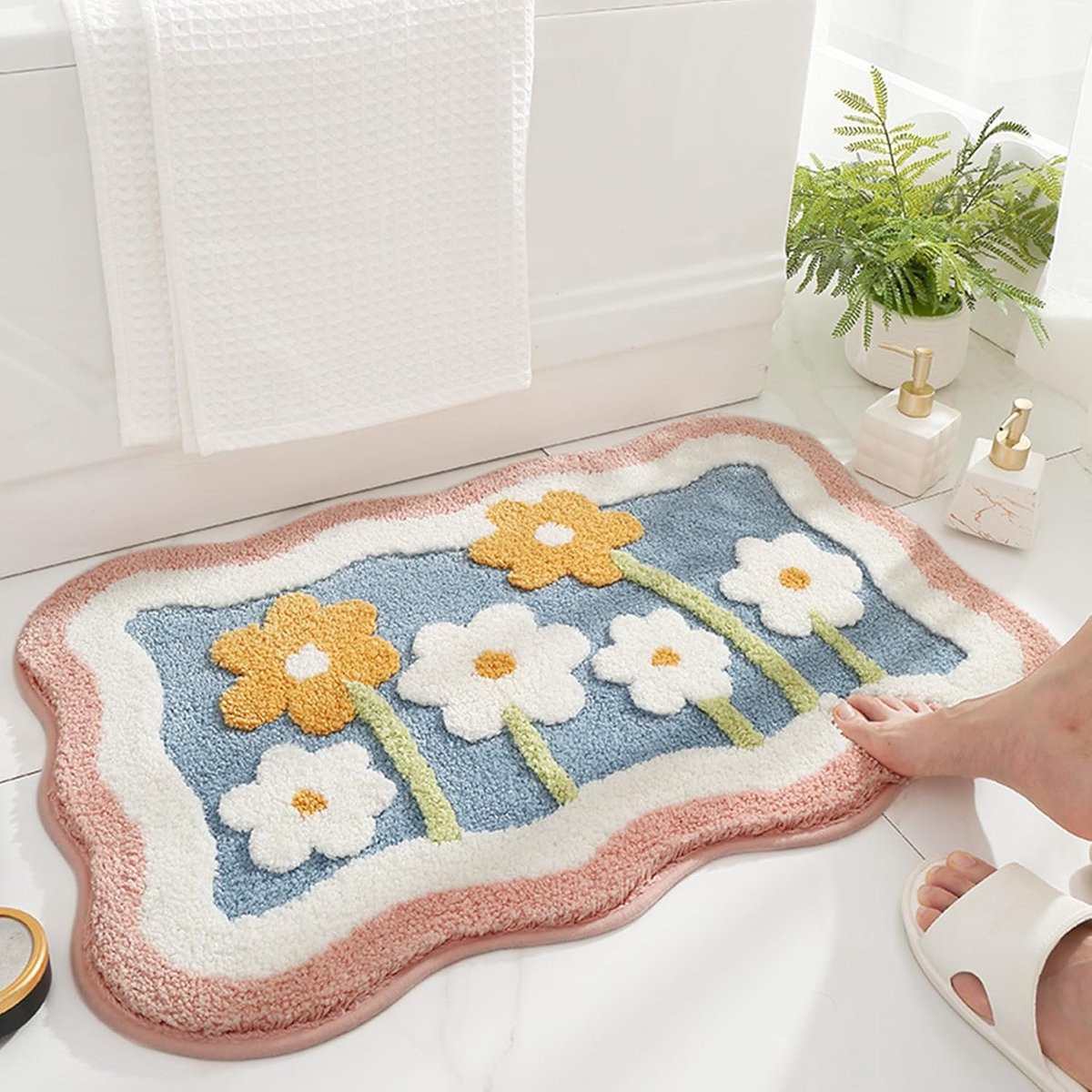 SnelShoppen - Badkamermat Zacht en Absorberend Microvezel Flocking Bloemen Antislip Badmat Douchemat Wasbaar 50 x 80 cm