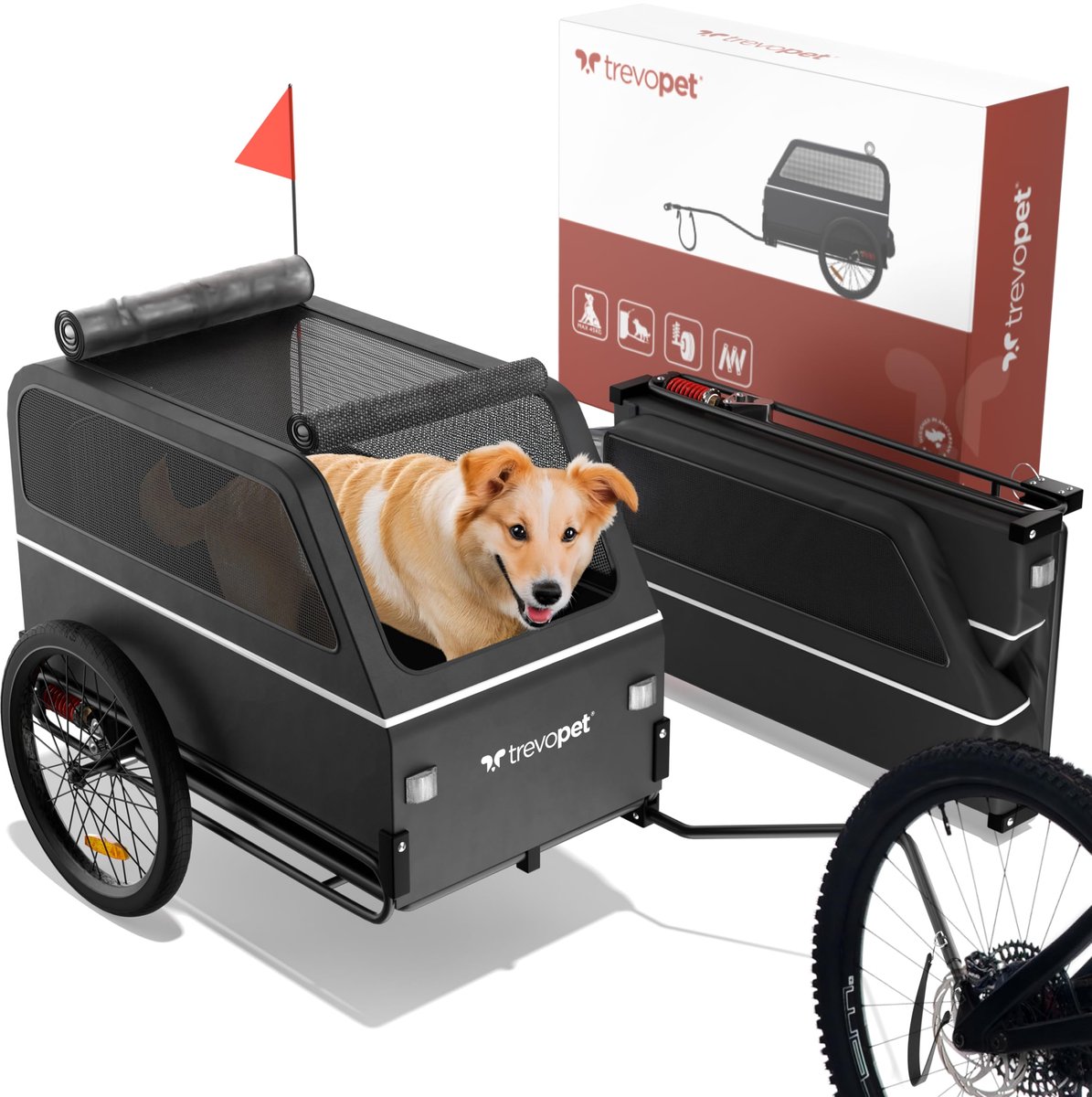SnelShoppen - Hondenfietskar XL - Opvouwbare Hondenkar met Veersysteem en Hondenloopplank - Geschikt voor Grote Honden tot 45 kg - Zwarte Hondenfietsk