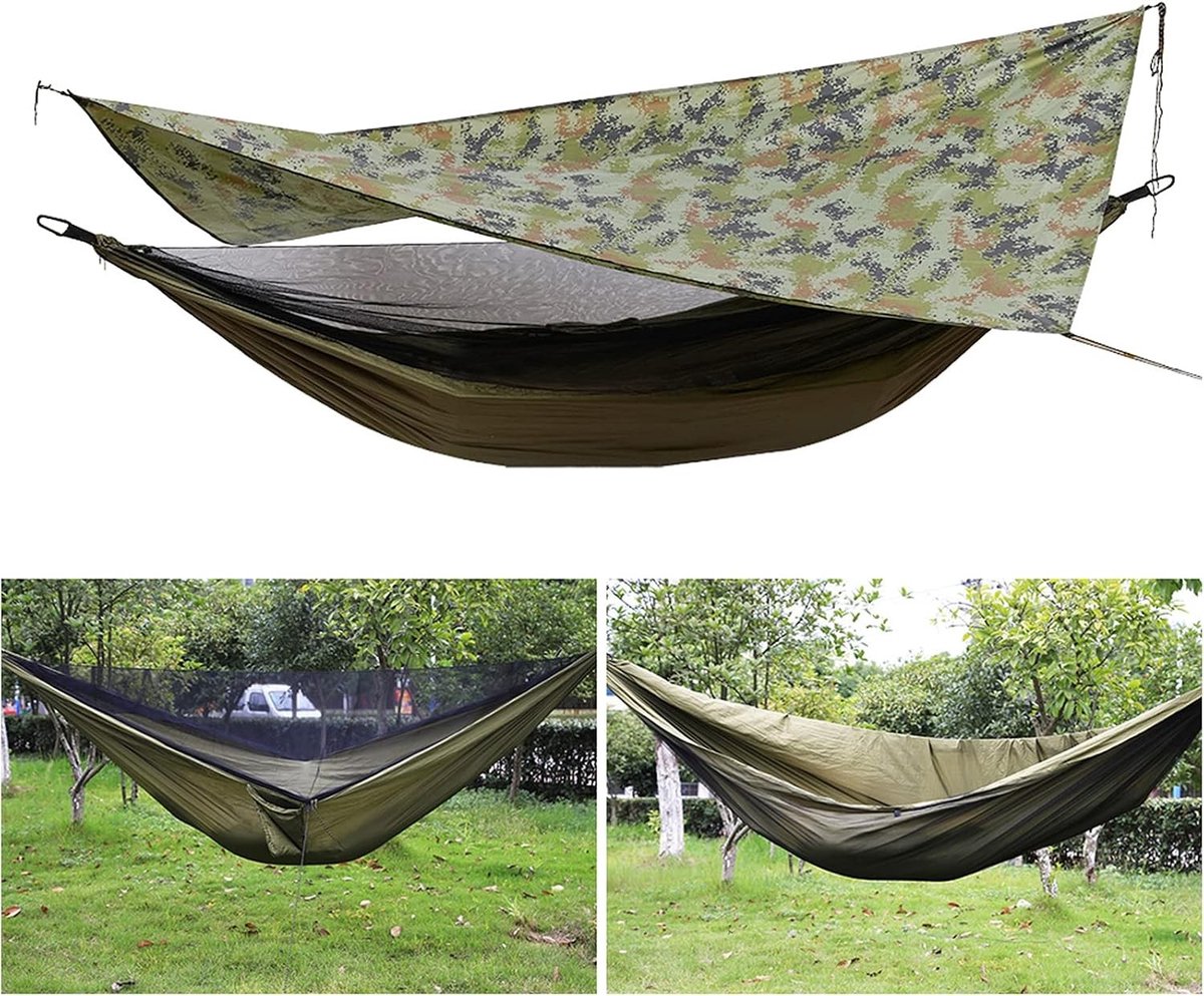 Hangmat met muggennet en tentzeil, ideaal voor reizen en kamperen, waterdicht, 200 kg draagvermogen, 290 x 140 cm, perfect voor buitengebruik en tuinactiviteiten