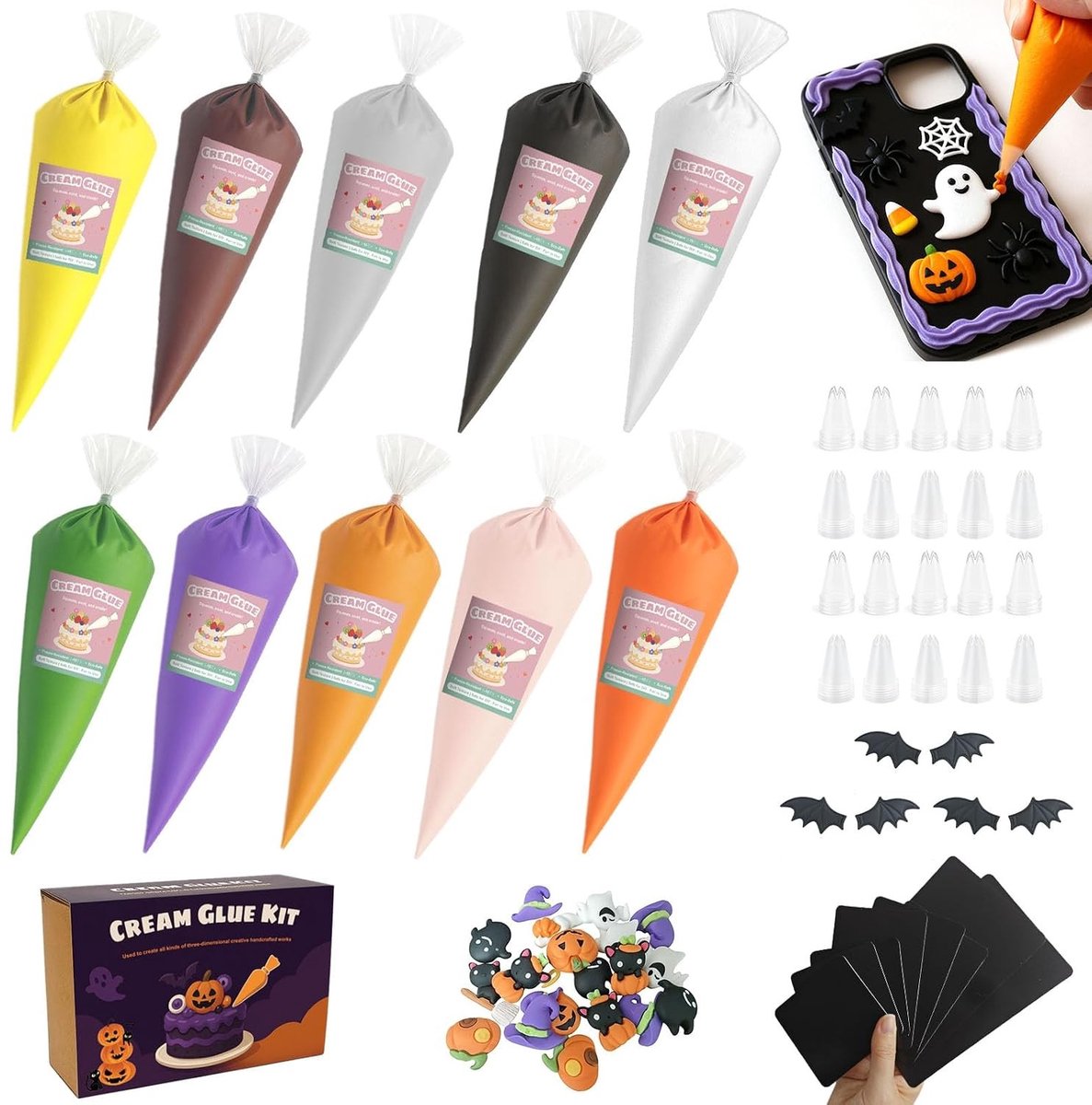 Halloween Creatieve Lijmset voor DIY Telefoonhoesjes en Knutselprojecten met 10 Stuks Lijmpennen, 24 Decoraties en 6 Magneetjes