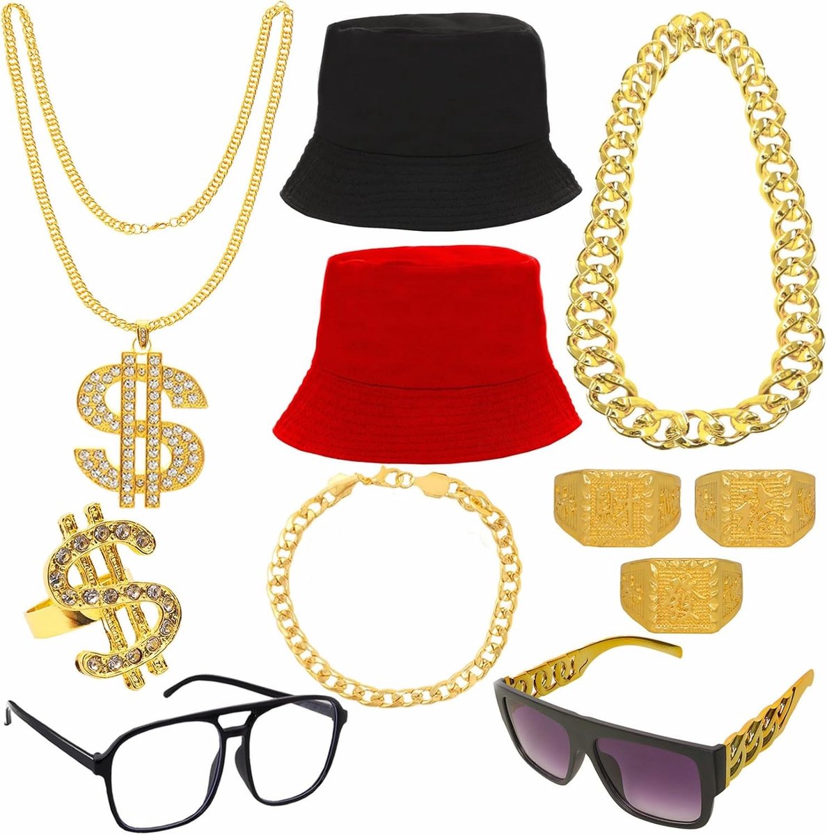11-delige Hip Hop Kostuum Accessoire Set voor Carnaval en Themafeesten, inclusief Bucket Hats, Gouden Ketting, Zonnebril en Armband