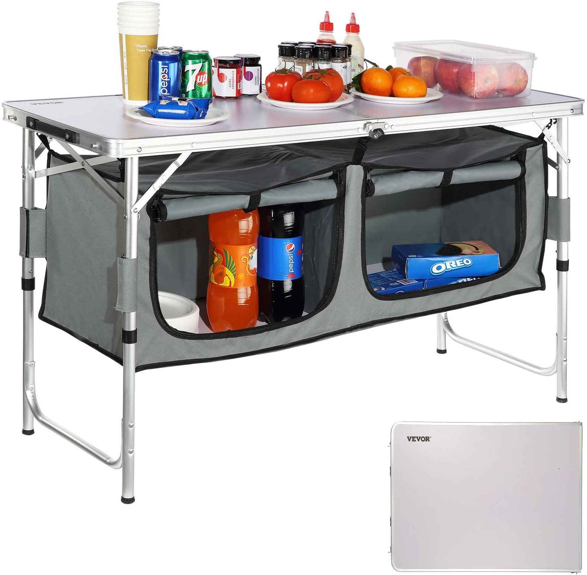 Casa Living Campingtafel - Kampeertafel - Opvouwbaar - Verstelbare Hoogte - Campingkeuken met Opbergvakken - MDF Werkblad