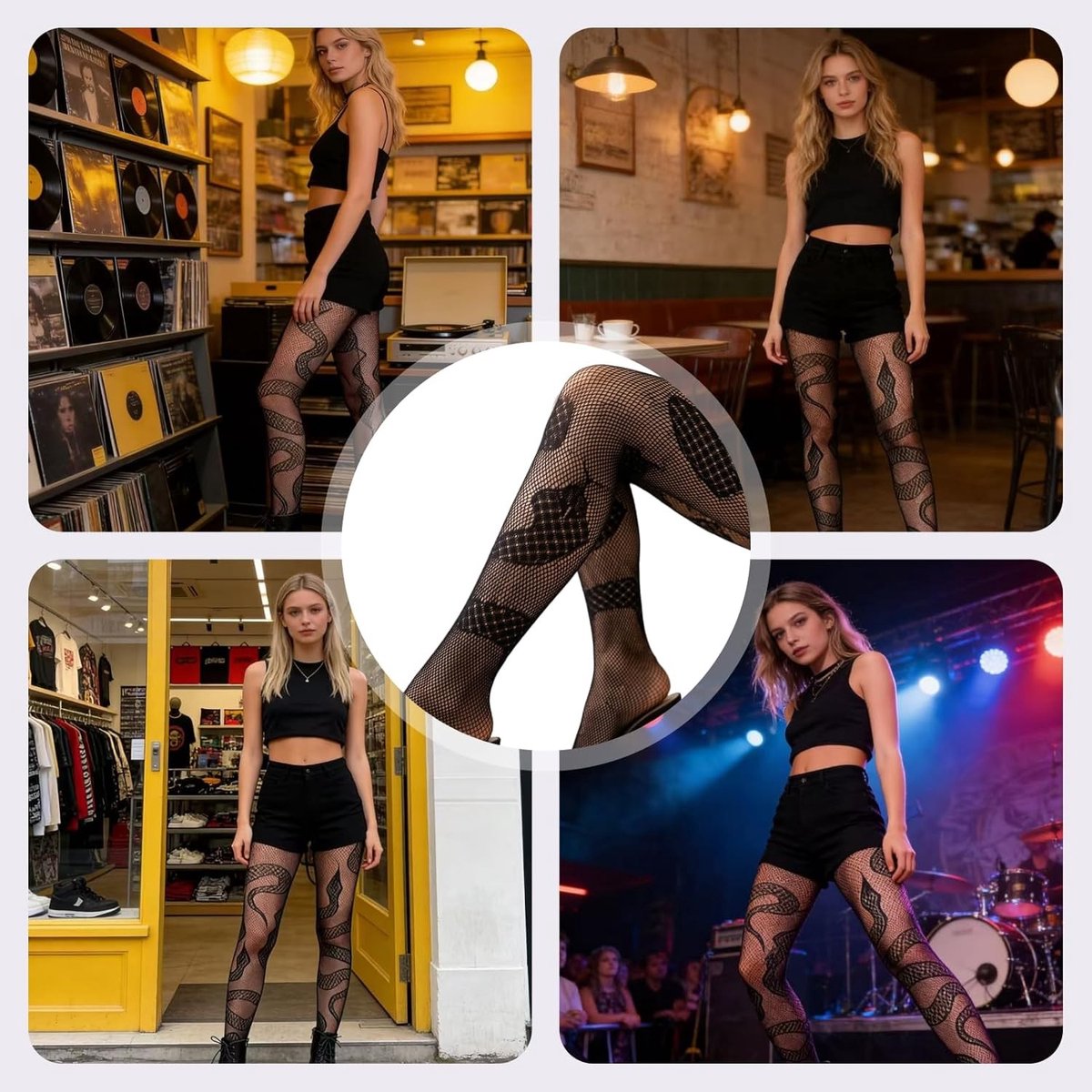 Dames Panty met Slangenpatroon en Cut-Out Look, Zwart Net, Elastisch en Zacht, Perfect voor Feestjes en Speciale Gelegenheden