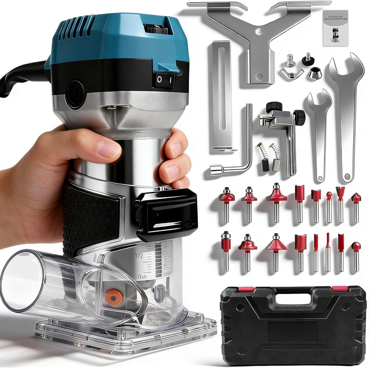 SnelShoppen - Houtfrees, bovenfrees, trimmer 1000 W, 30.000 omw/min, 6 snelheden, handhoutfreesset met 15 stuks 1/4 inch frees voor fasen, groeven, sn