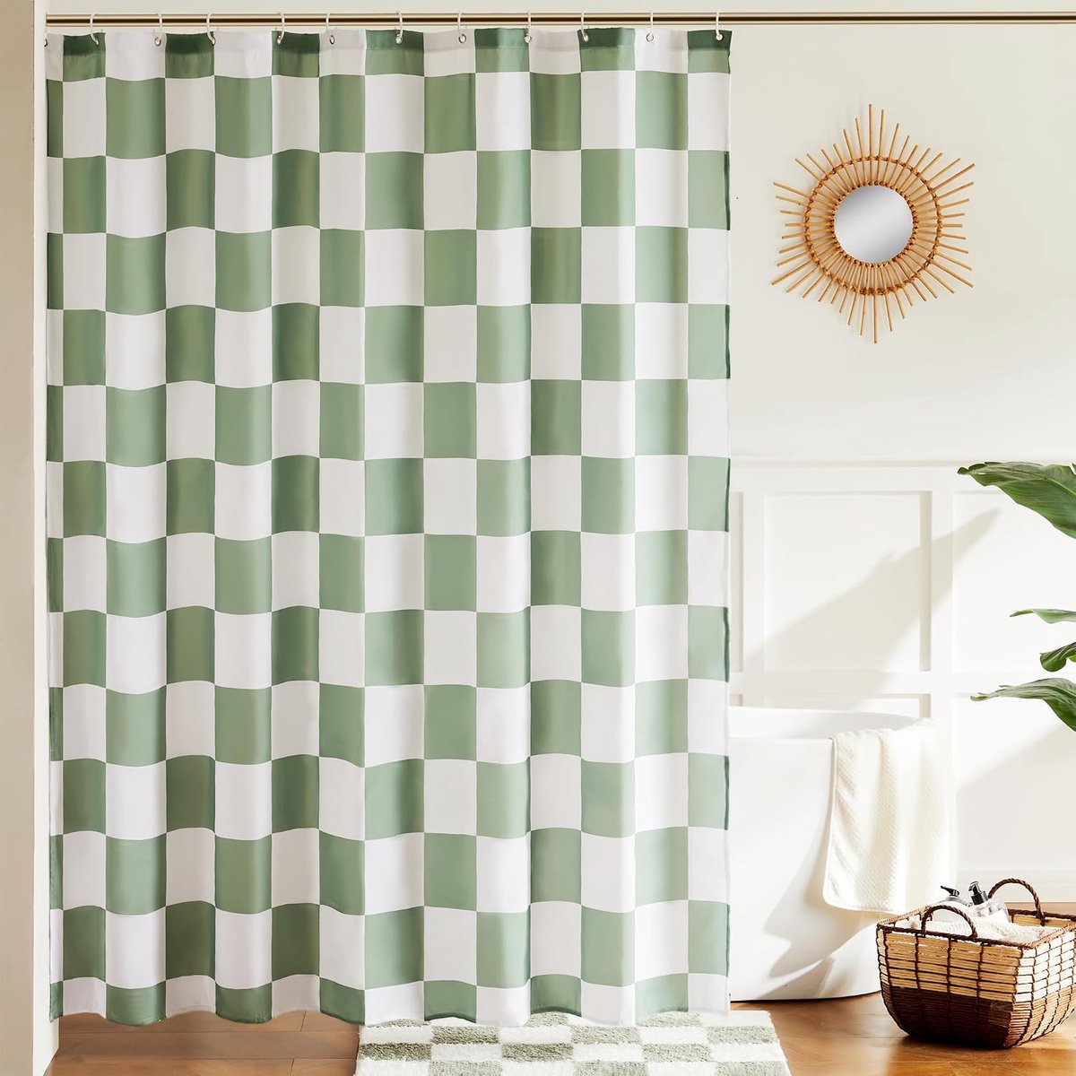 SnelShoppen - Geruit douchegordijn voor badkamer met retro schaakbordpatroon, machinewasbaar stoffen douchegordijn in saliegroen, 183 x 183 cm voor vi