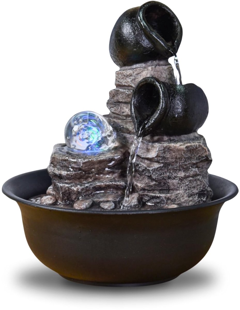 SnelShoppen - Binnenfontein Waterval Pot Zen Decoratie 25 cm met Kleurrijk Licht - Ontspannende Tafelfontein voor Feng Shui Geluk - Ideaal Cadeau voor