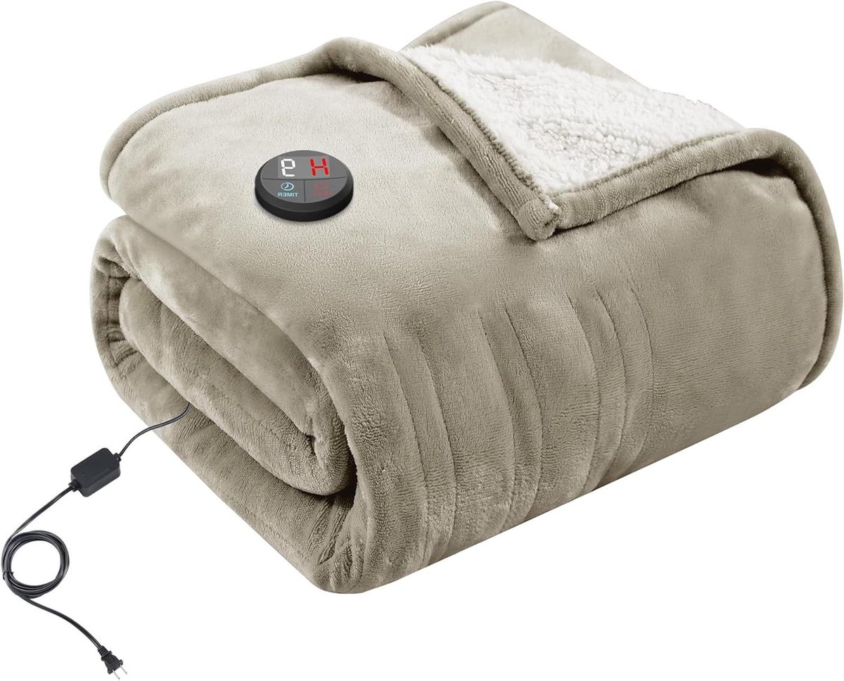 Elektrische Deken - Verwarmde Plaid - Gezellig Warm Blijven - 10 Warmtestanden - 130 x 180 cm - Kaki