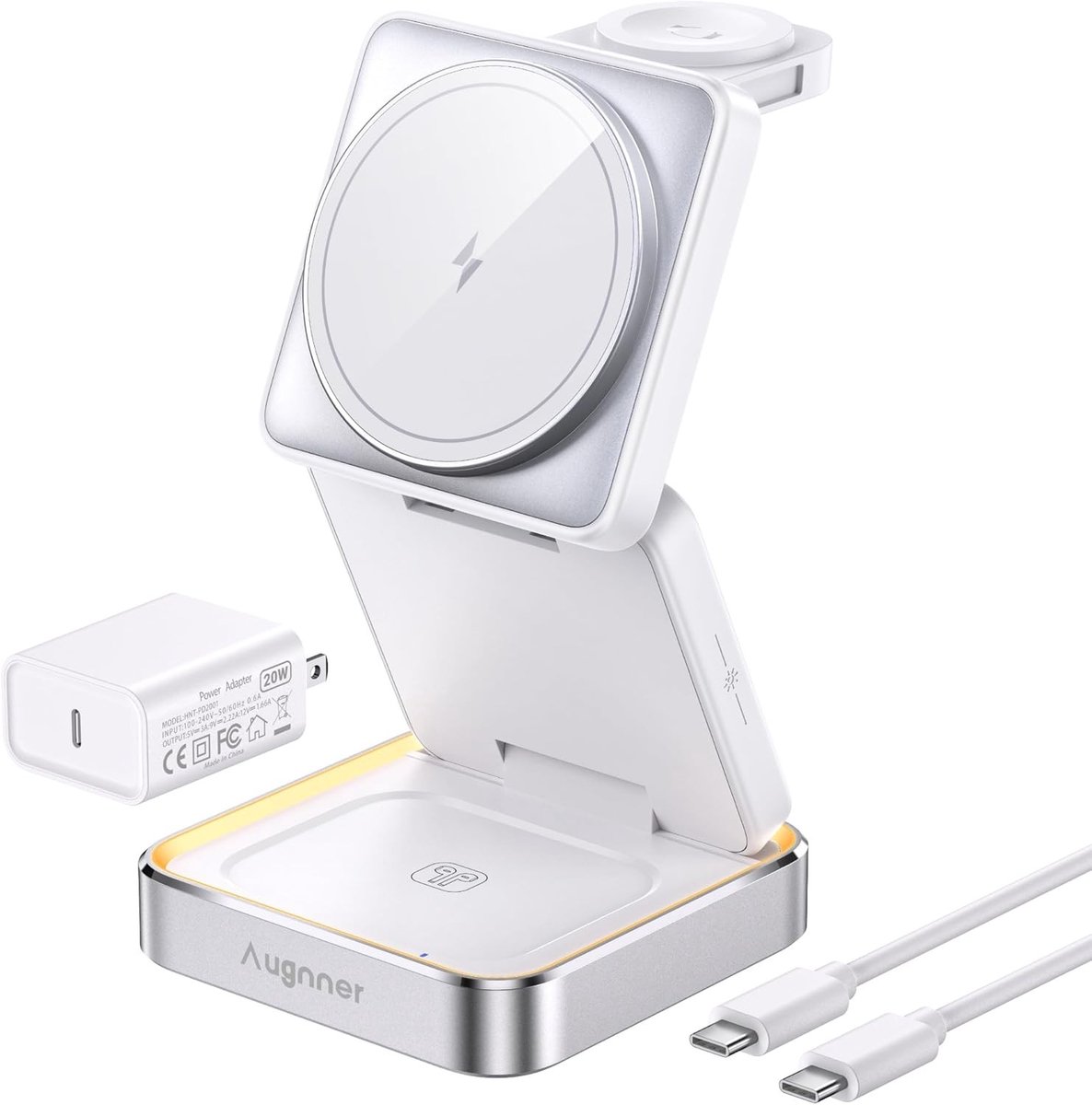 Vouwbare 3-in-1 Oplaadstation met Draadloze Oplader en Nachtlampje voor iPhone, AirPods en Apple Watch