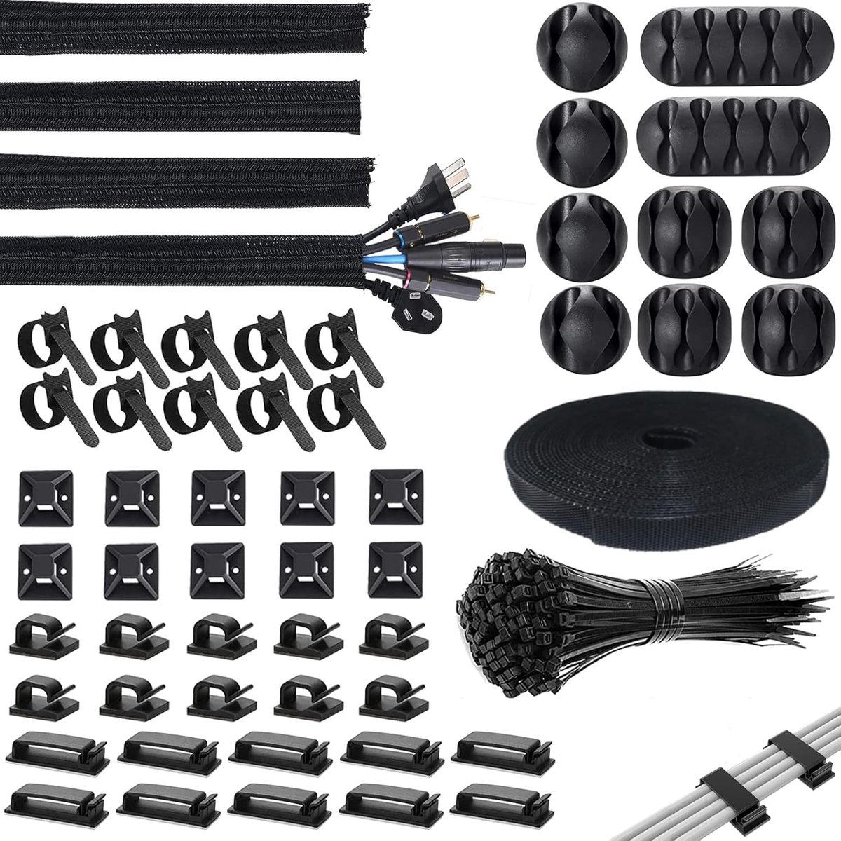 SnelShoppen - Kabelmanagementset voor tv, pc, bureau, kabelbeheer, 155 stuks, organizer, kabelbinders, zwart, eenvoudig te installeren, opgeruimd en v