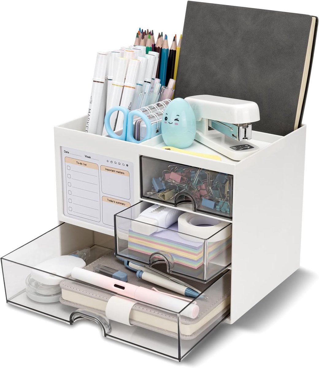 SnelShoppen - Bureau-organizer met 3 laden, multifunctionele pennenhouder voor bureau, opslag met 5 vakken, kantoor, thuis, kunstbenodigdheden, zwart,