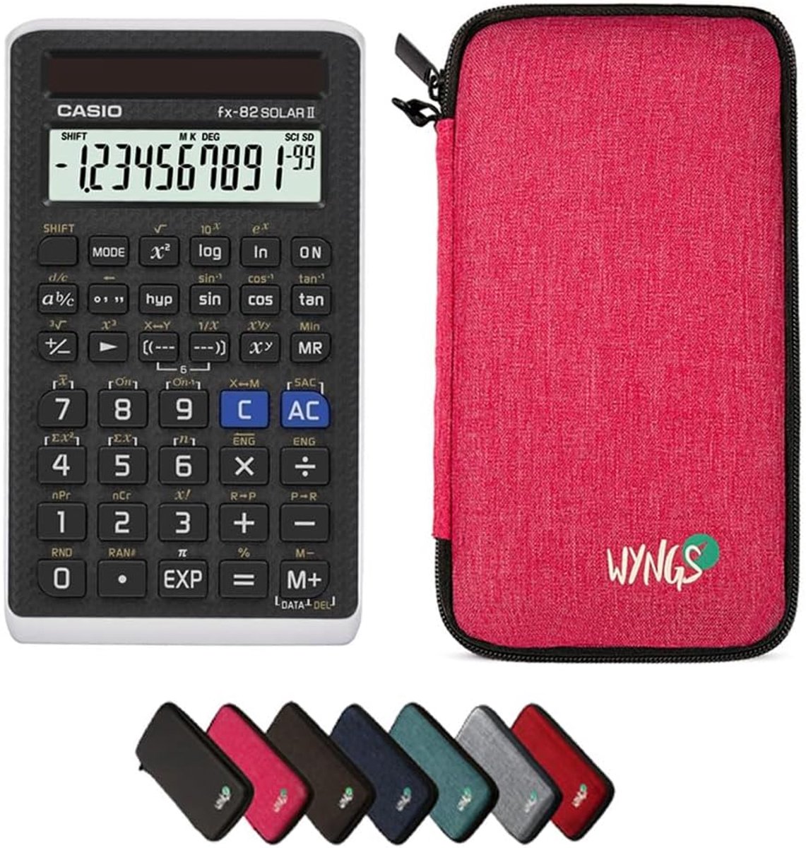 SnelShoppen - Casio fx-82 Solar II Wetenschappelijke Rekenmachine met WYNGS Beschermhoes Roze - Basisset voor School en Huiswerk