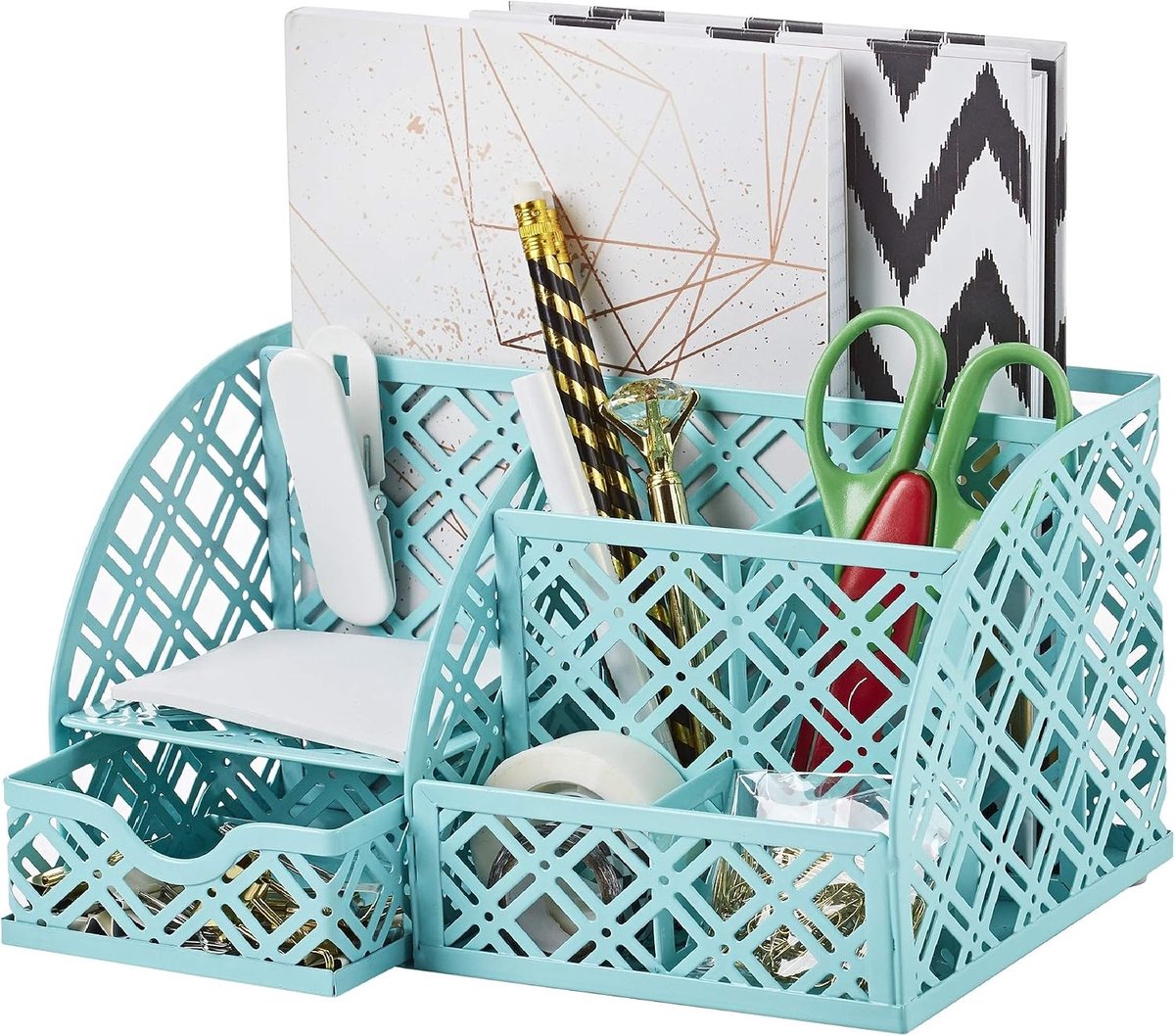 SnelShoppen - Metalen bureau-organizer met penhouder en 7 vakken | Ruimtebesparende metalen opslag met uittrekbare lade voor pennen, notities, clips e