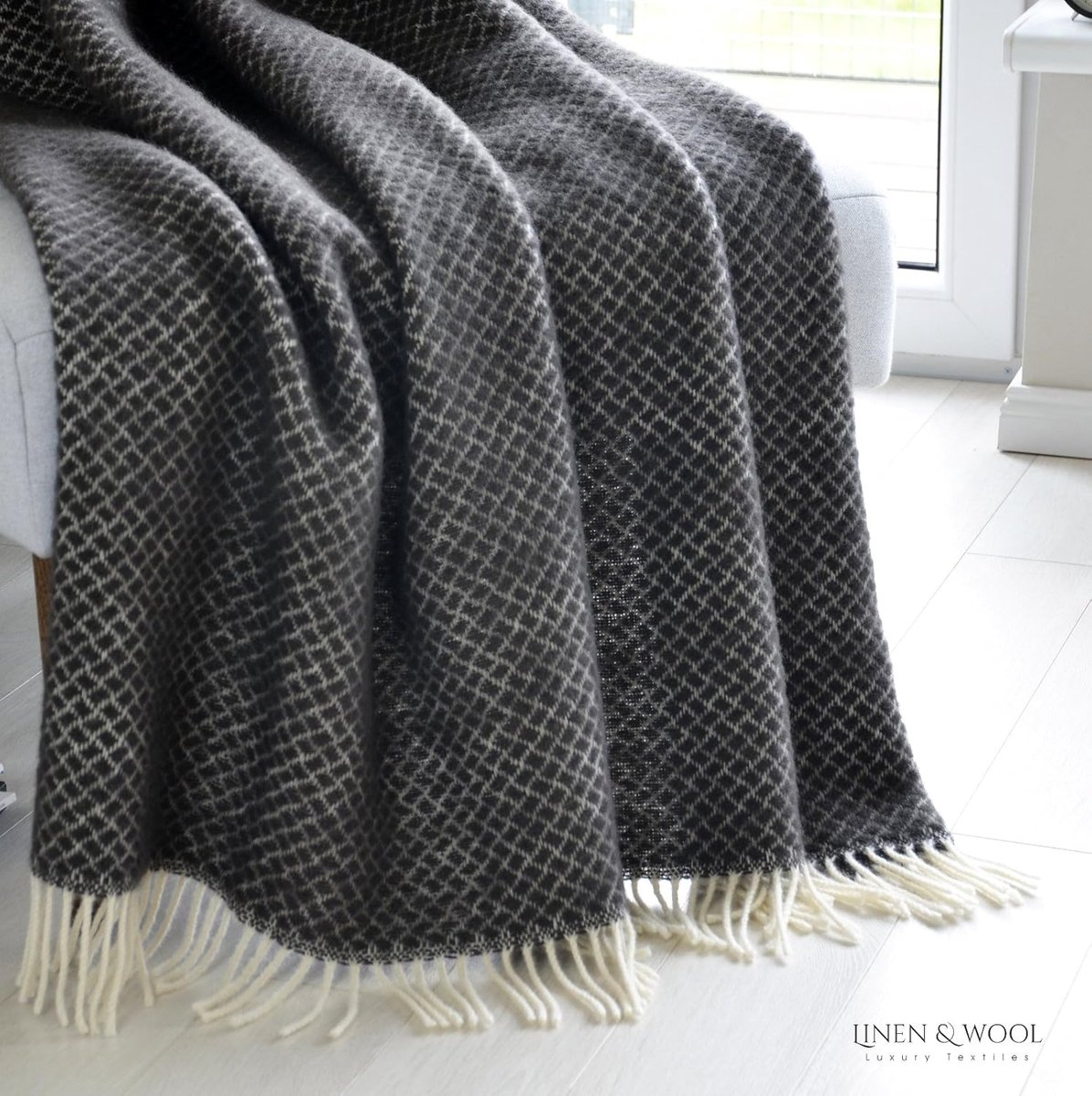 SnelShoppen - Luxe Wol Deken Knuffeldeken Sofia - 100% Nieuw-Zeeland Scheerwol, Antraciet/Grijs, 130 x 170 cm, Perfect voor Bank, Plaid, Woonkamer, Fe