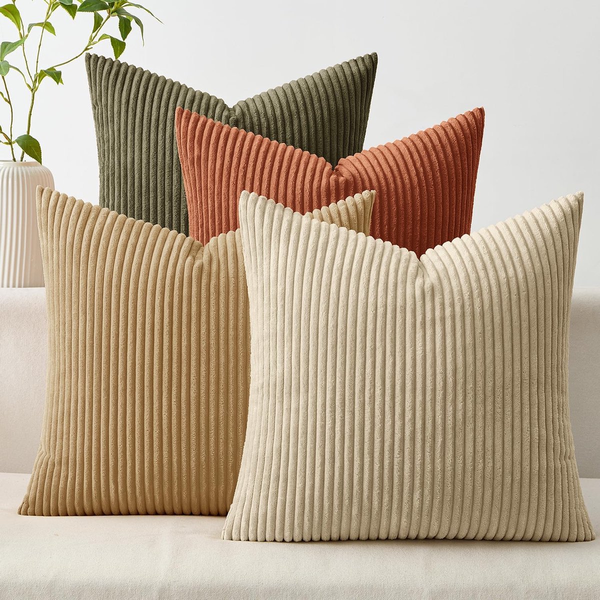 SnelShoppen - Set van 4 Kussenslopen 40 x 40 cm, Corduroy, Zachte Gestreepte Sierkussenhoezen voor Woonkamer, Bed en Bank, Bruin-Groen