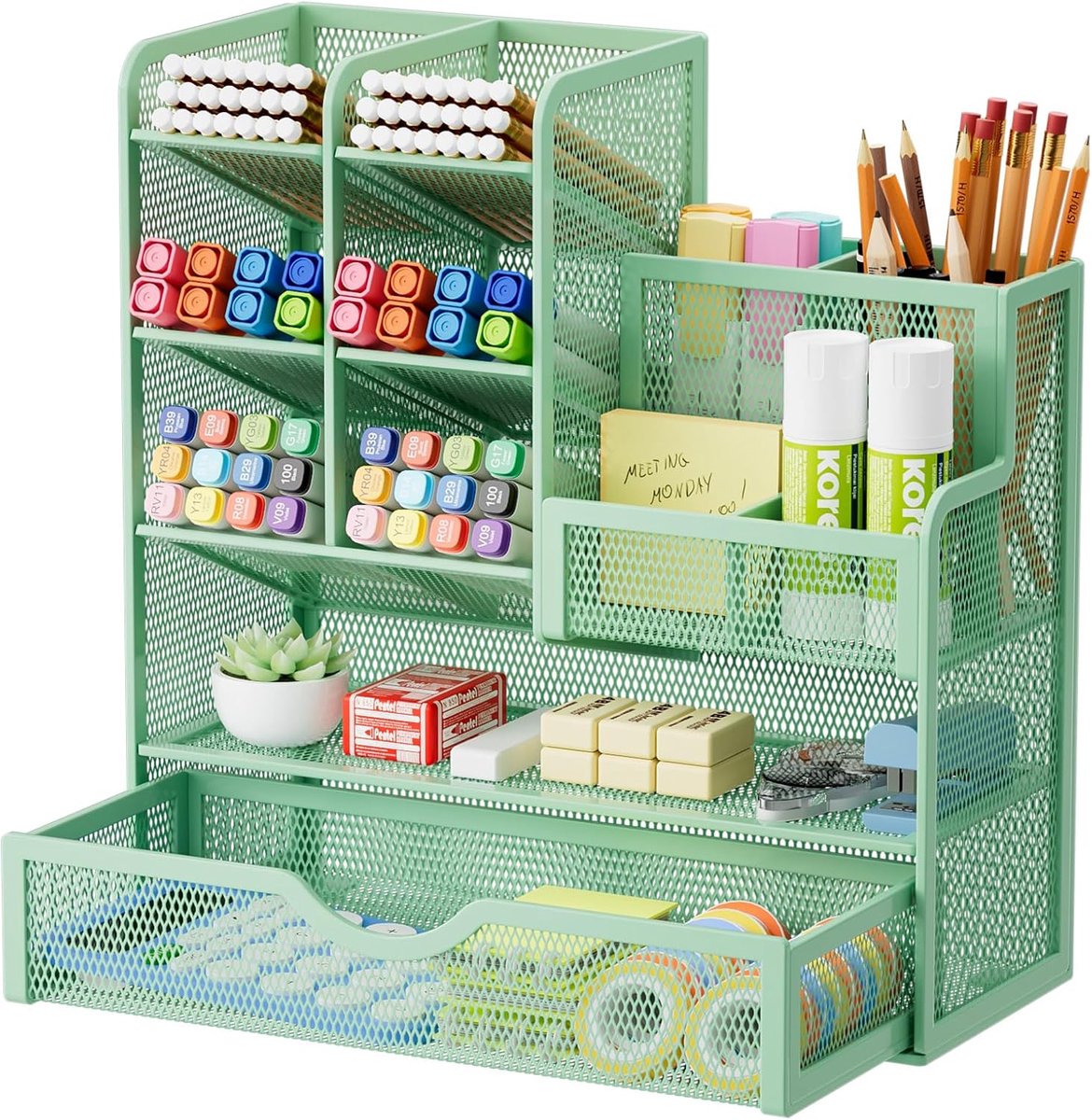 SnelShoppen - Marbrasse Bureau-organizer, multifunctionele pennenhouder met lade, opbergrek voor school, thuis, kantoor, groen, 3 vakken, kunststof