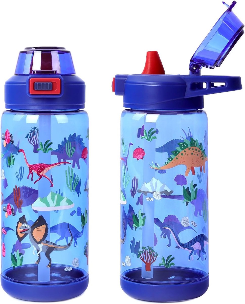 SnelShoppen - Kindervriendelijk Drinkflesje 600 ml met Rietje en Handvat, Lekvrije Sportfles voor School en Buitenactiviteiten, Dinosaur Design, Veili