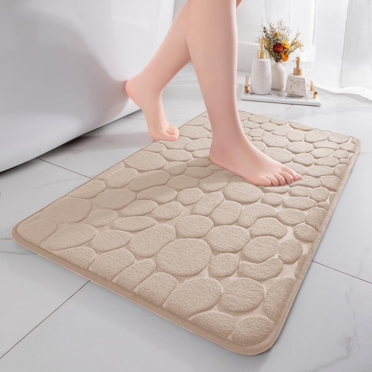 SnelShoppen - Badmat Traagschuim 43 x 61 cm - Absorberend Antislip Douchemat Beige - Decoratieve Voetmat voor Badkamer en Woonkamer