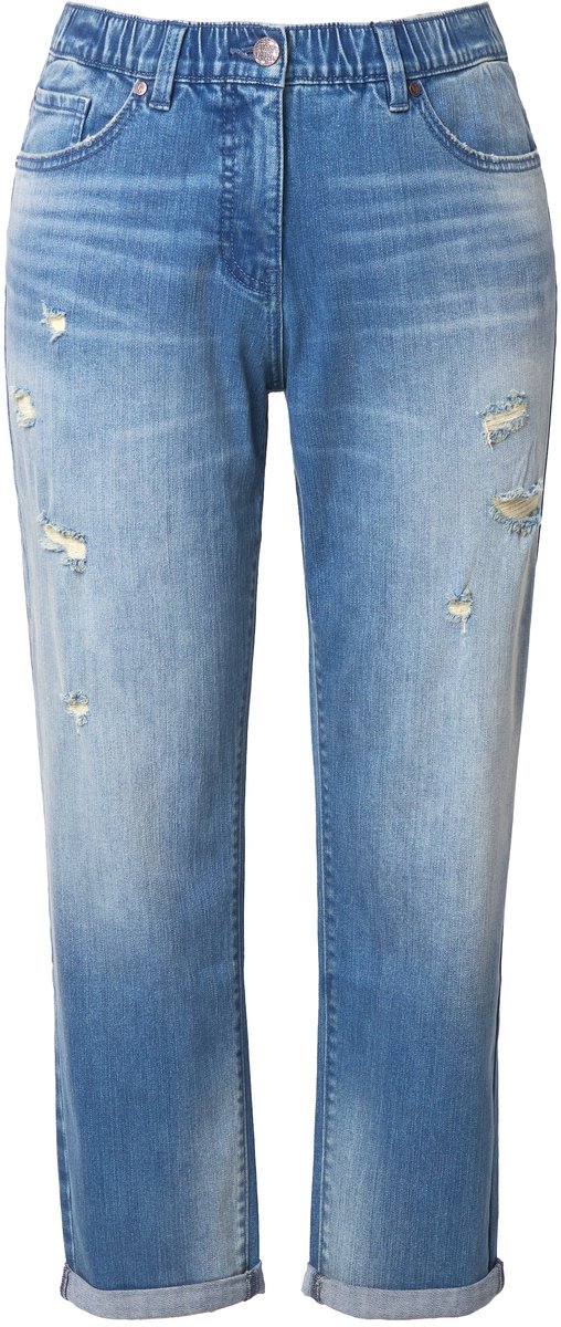 Ulla Popken - Dames - Boyfriend jeans destroyed-effecten comfortabele tailleband - Blauw denim - Maat 60