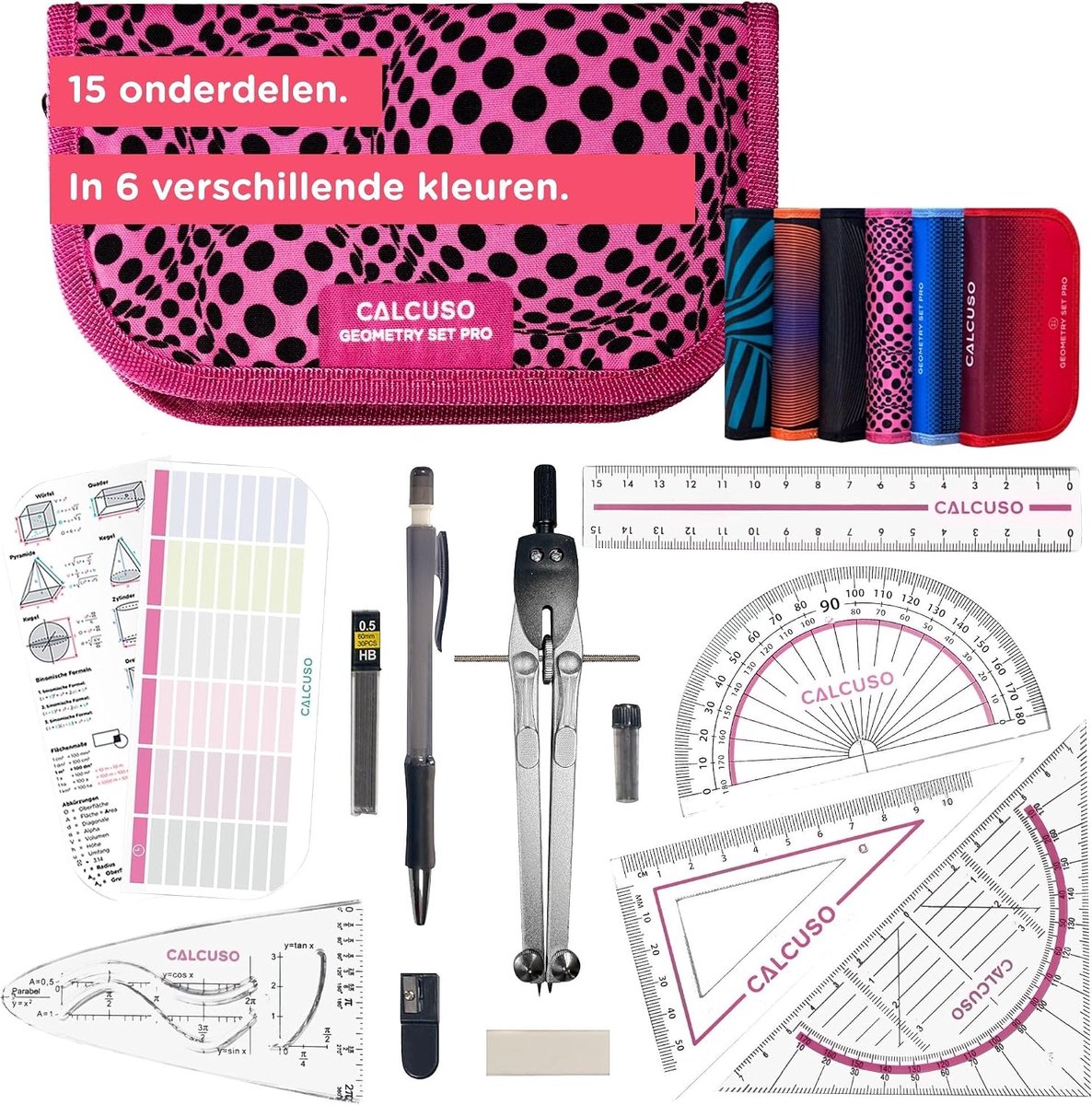 SnelShoppen - Geometrie Set Pro in Roze Pennenetui met Passer, Geodriehoek en Meer - Perfect voor School, Universiteit en Kantoor - Ideaal als Teken S