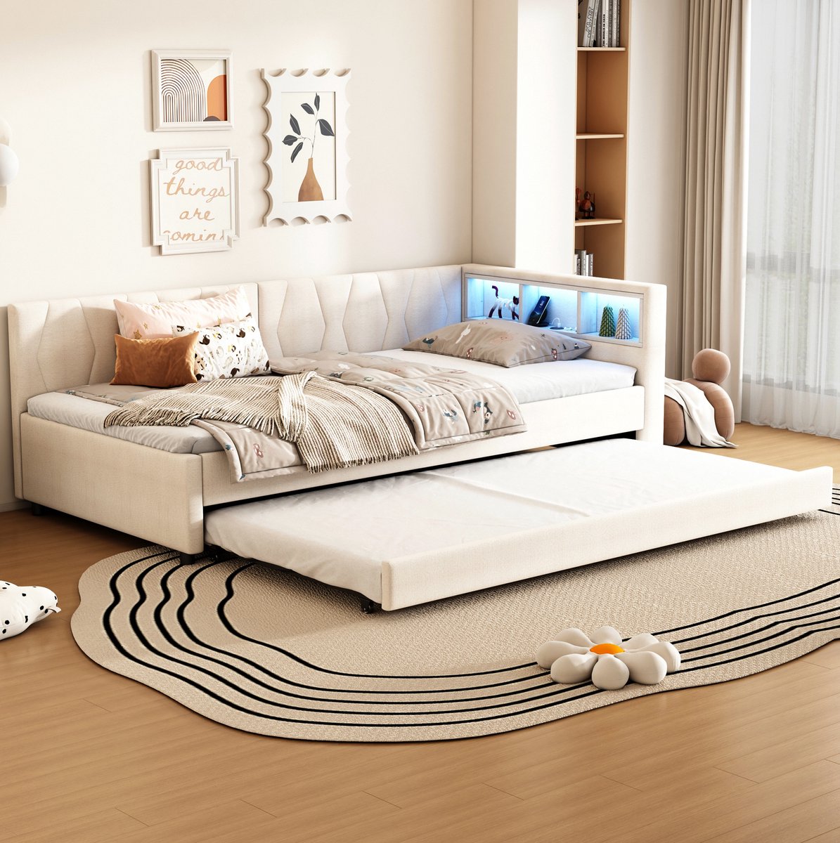 COVREO Bedbank 90x200 cm - beige MDF, LED, opbergruimte, zonder matras