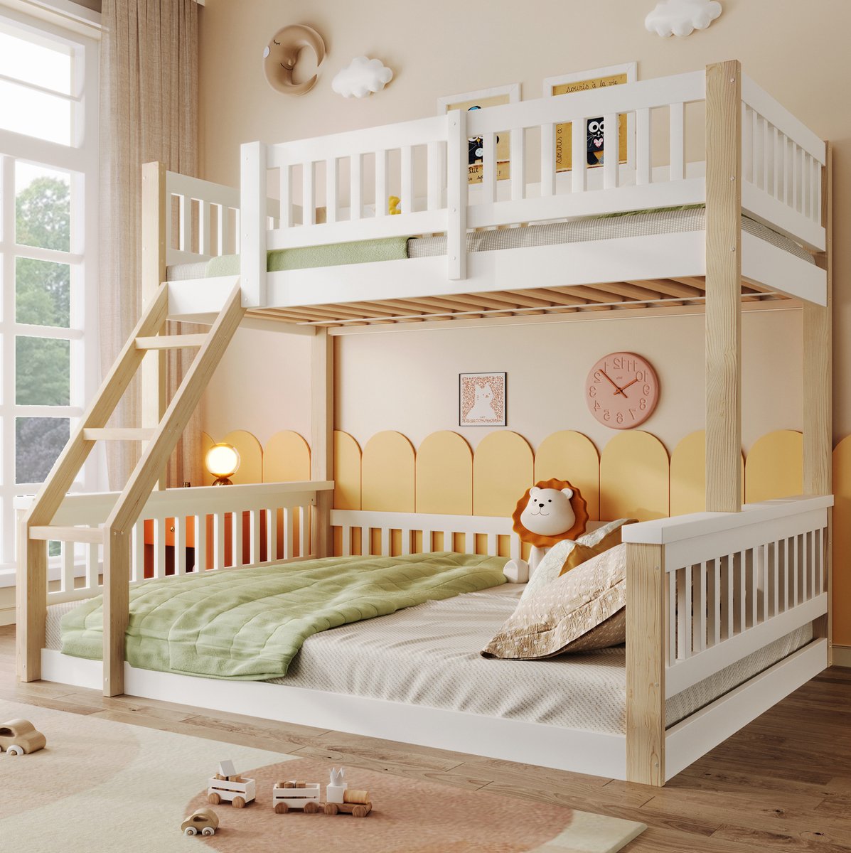 COVREO Stapelbed met ladder en bedhekjes – 205x150x147 cm – Kinderbed van grenenhout – voor kleine kamers – Wit + Naturel - zonder matras