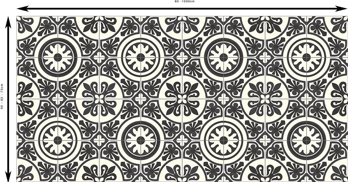 JYG Vloerkleed Brussel - Keukenloper - Keukenmat - Vinyl - Vintage 50 x 250 cm - Zwart - Wit