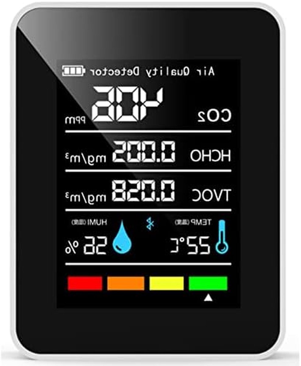 Luchtkwaliteitsmonitor Binnen - Detector Kooldioxide - Luchtkwaliteit Meten - 5-in-1 Meting - 1200 mAh Batterij - Zwart