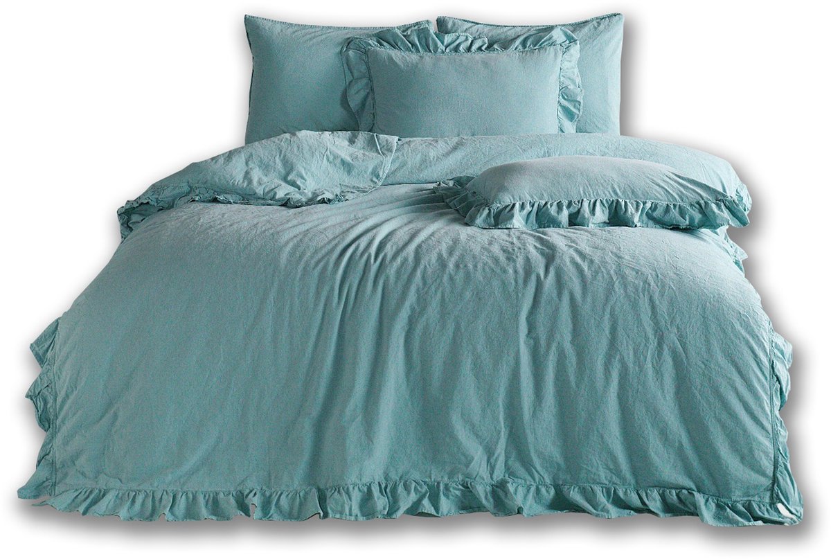 100% Katoenen Kreukel Dekbedovertrek Set 160x200 met Volant - Mineraal Blauw
