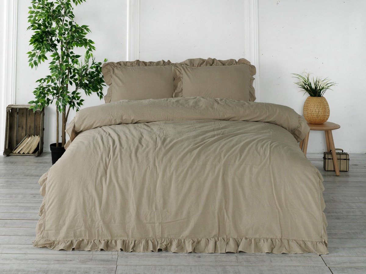 Katoenen Dekbedovertrek 160x200 cm - Beige - Met Roesjes / Ruches - Gestructureerd 100% Katoen - Met 2 Kussenslopen