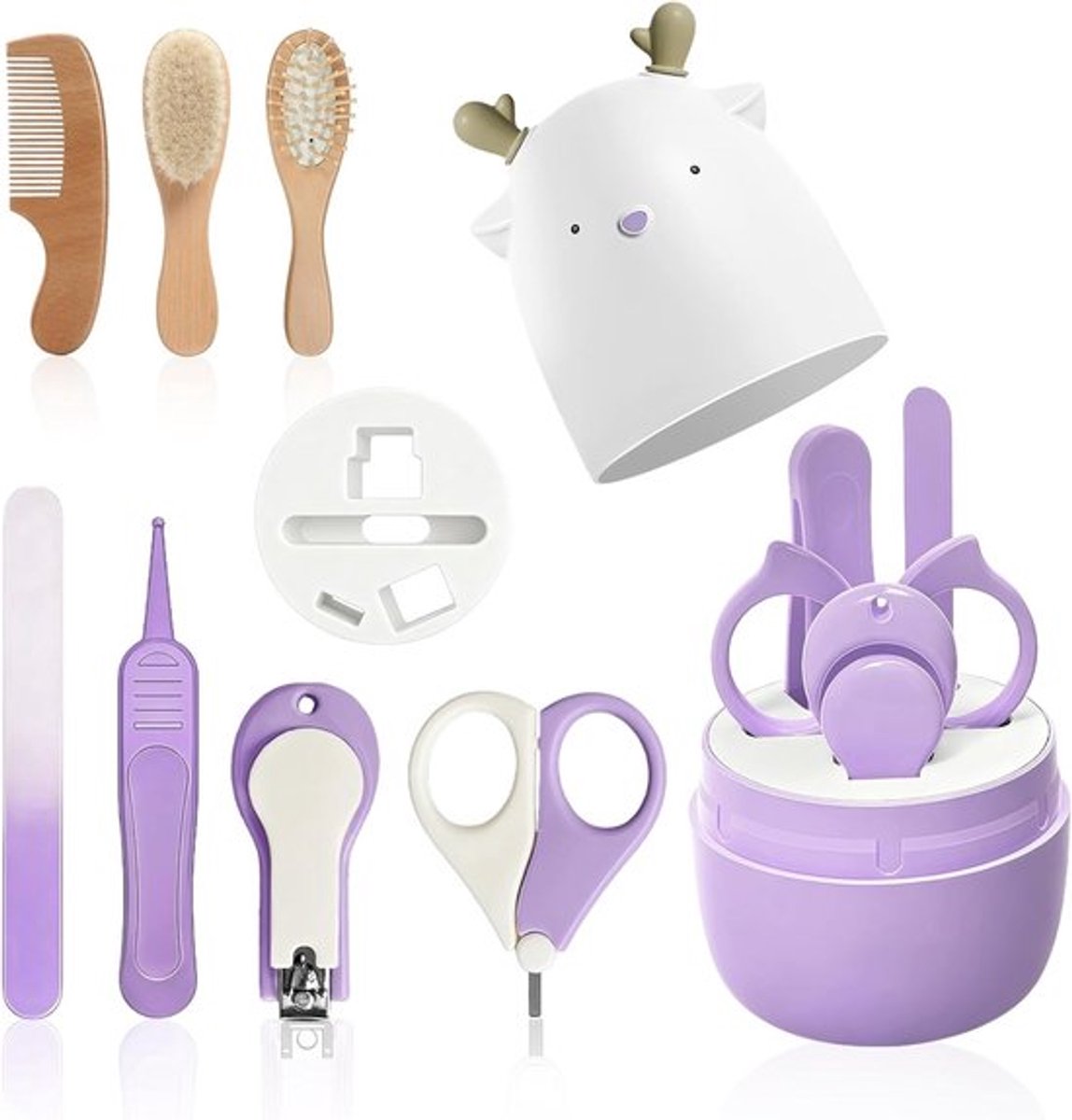 Complete 7-in-1 Baby Care Set met Nagelschaar, Nagelknipper, Nagelvijl, Neuspen, Babyborstel en Kam in Lila voor Verzorging van Baby's Nagels en Haar