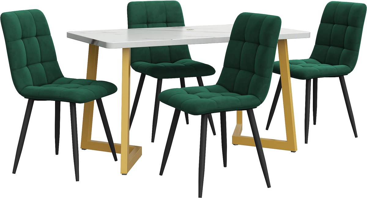 Eettafel Met 4 Stoelen - Keukentafel Set - Eethoek - Rechthoekige Eettafel - Marmerlook - Gouden Poten - Fluwelen Stoelen - Eetkamer - 117 cm - 5-Delig - Donkergroen