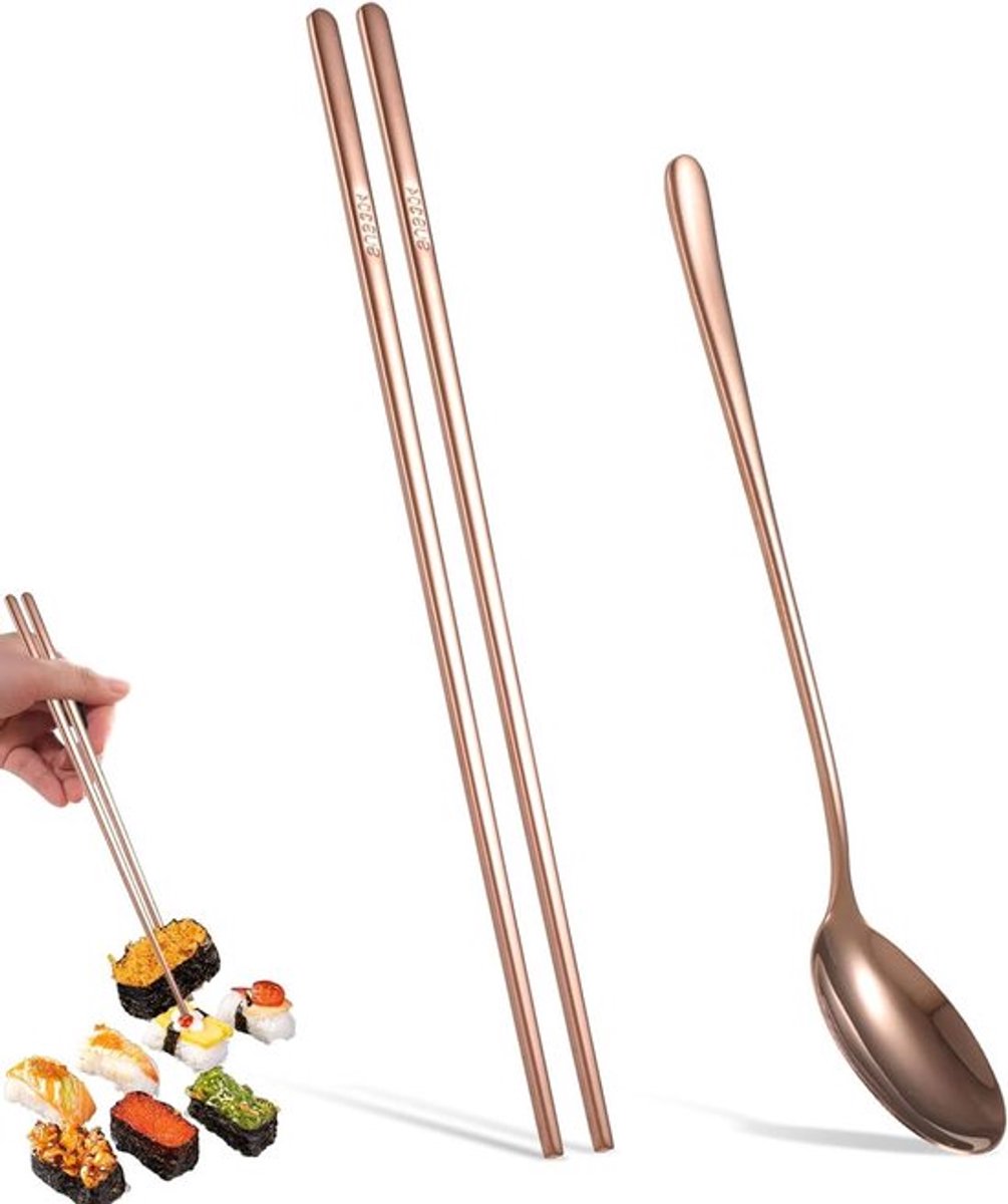 Eetstokjes van roestvrij staal, herbruikbaar, draagbaar, voor thuis en horeca, geschenk - rosegoudkleurig.