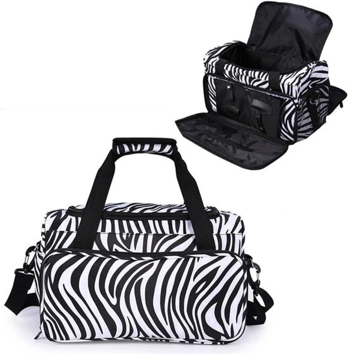 Professionele tooltas voor kappers met schouderriem, zebra print, verstelbare indeling en vakken voor föhn, stijltang en krultang