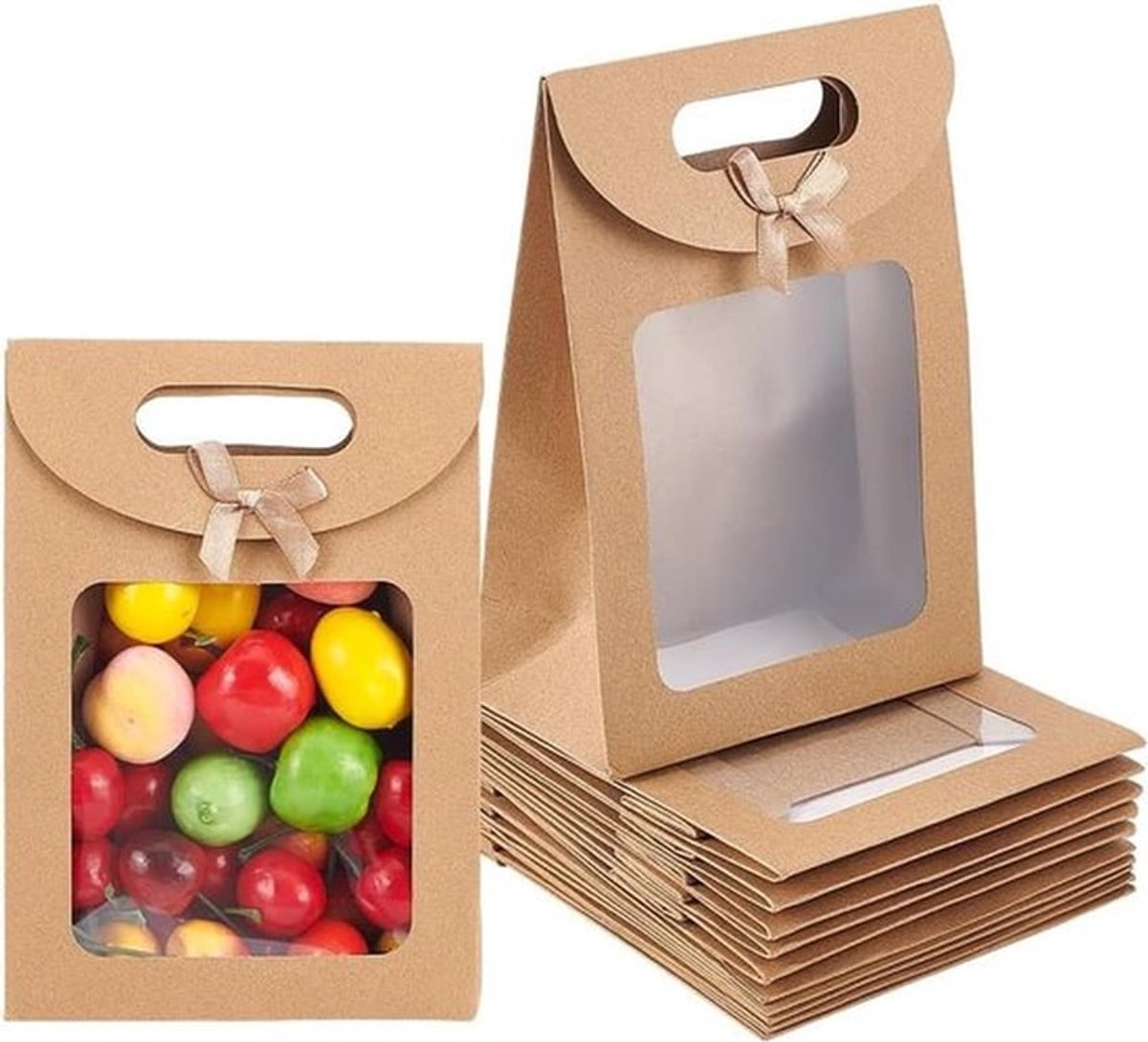 12 Stuks Kraft Papieren Cadeautassen met Venster, 7 x 19.8 x 19.5 cm, Bruin voor Snoep, Koekjes en Verpakking voor Feestjes en Winkels